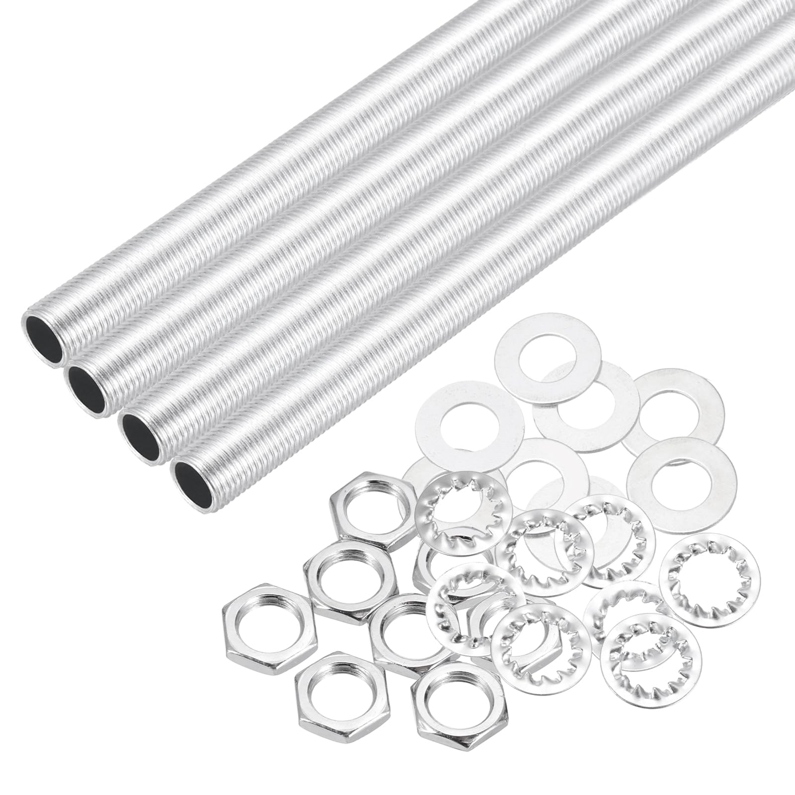 sourcing map 28Pcs 15.4" Lamp Pipe Nipples Kit With Hex Nuts Washers, M10 Fine Threaded Hollow Tube Repair Hardware Fasteners Assortment for Assembly Chandelier Ceiling Lamp DIY, Silver