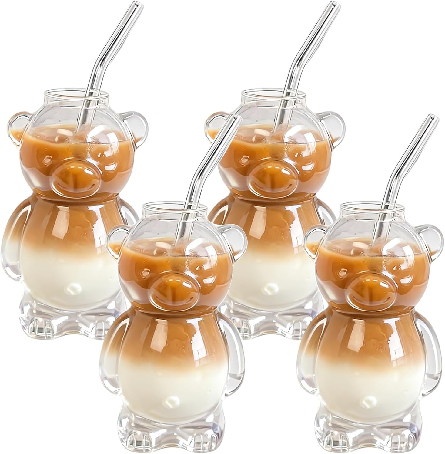 Teddy Bear Coffee Tumbler, Cute Honey Bear Glass Cup Jar with Straw 12oz, Coffee Beer Wine Cocktail Drinks Glassware, Unique Honeybear Shaped Cups, For Home Bar, Kitchen, Restaurant, Party(4PCS)
