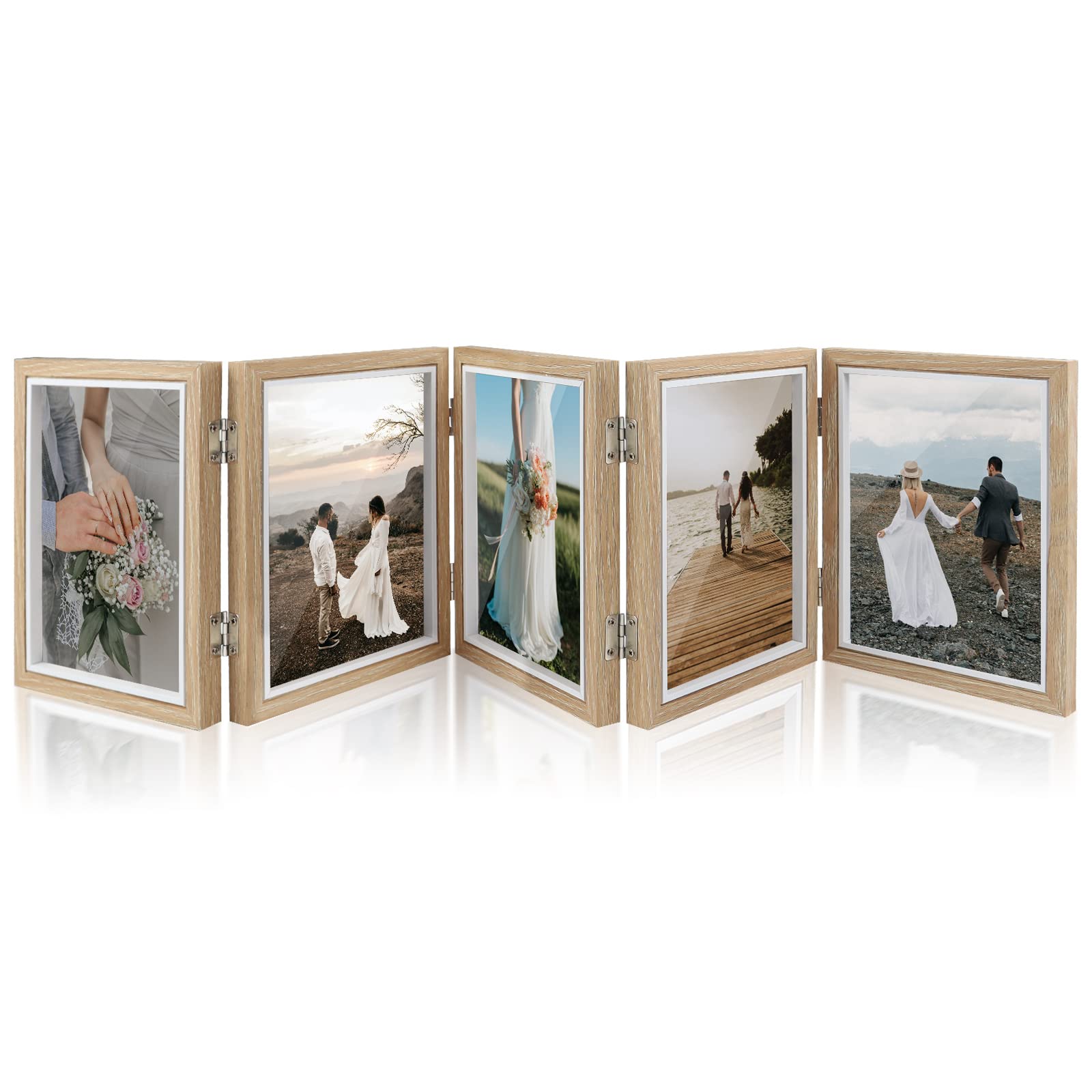 5 Hinged Picture Frame, 5" x 7" Folding Photo Frame with High Definition Acrylic, Wood Made Family Picture Collage Desk Decor