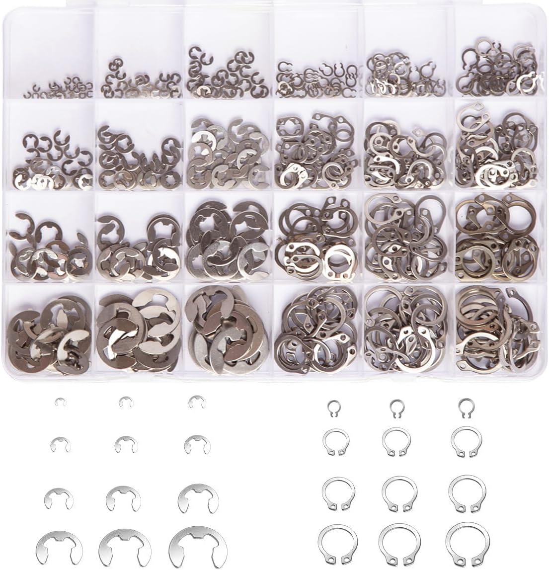 Mariyandh 327Pcs E-Clips Circlip Retaining Rings Assortment Set(1.2mm-10mm) and C-Clips External Retaining Rings Snap Rings Assortment Kit Circlip 304 Stainless Steel(M3-M14),24 Sizes