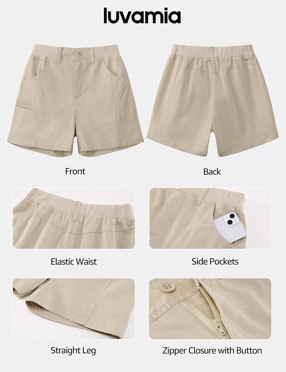 luvamia Shorts for Women Trendy Casual Summer High Waisted Chino Shorts Ribbed Elastic Waist Comfy Shorts with Pockets - Image 6