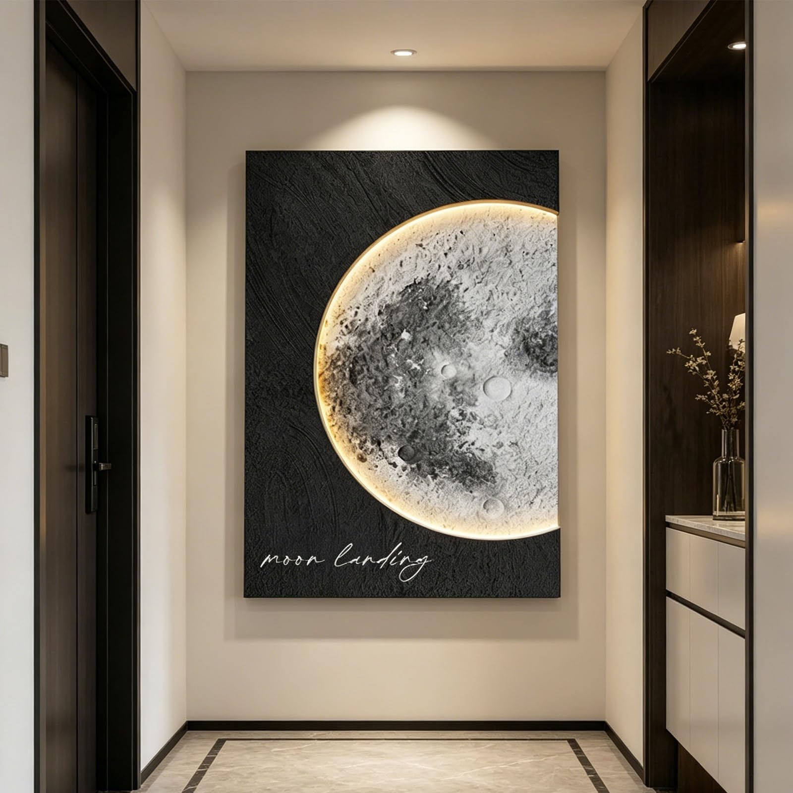 SYXHJTFZ Modern Elegant Moon Sandstone Wall Art Borderless Decor, Large Celestial Lunar Prints Warm Plug-in LED Light Remote Control for Living Room Apartment Indoor Space(B,80 * 120cm/31.5 * 47.2in)