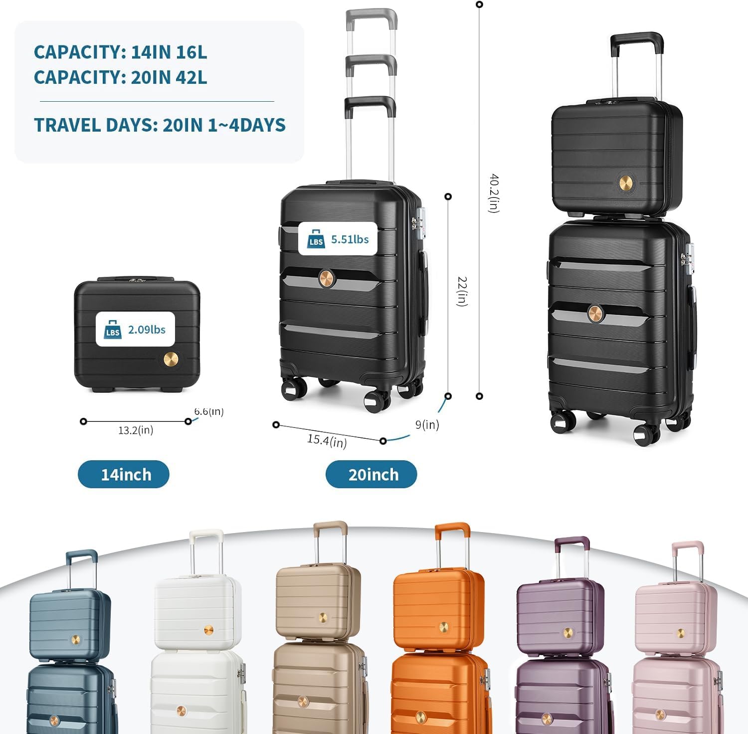 Somago 20" Carry On Luggage and 14" Mini Cosmetic Cases Travel Set Lightweight Polypropylene Suitcase with TSA Lock YKK Zipper Hardside Luggage with Spinner Wheels (2 Piece Set, Classic Black)