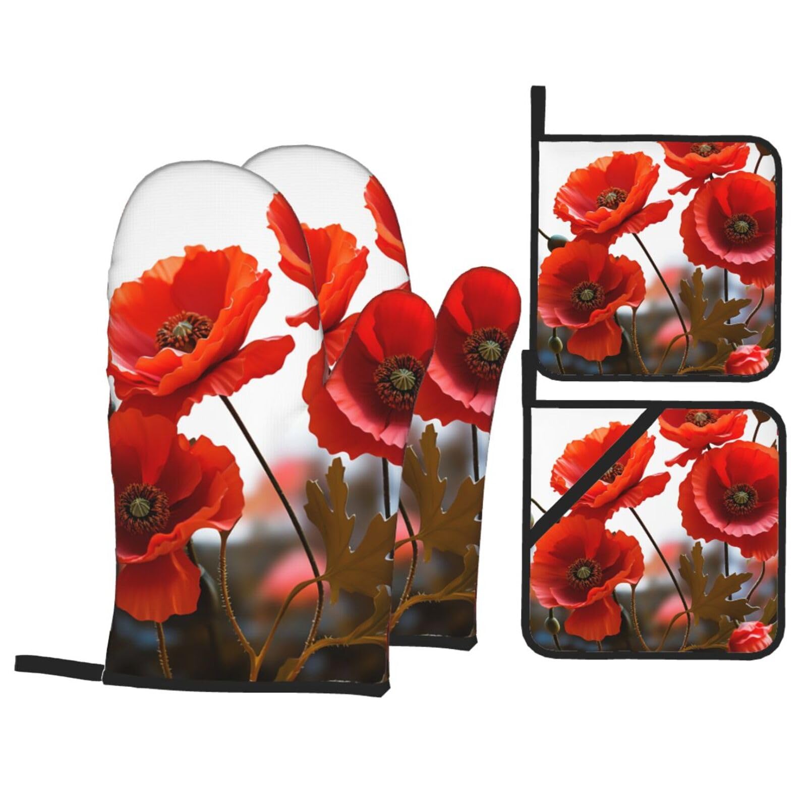 4 Piece Oven Mitts and Pot Holders Set Heat Resistant Oven Gloves and Potholders BBQ Gloves Hot Pads Poppy Flowers Vivid Petals Cooking Gloves for Kitchen Baking Grilling