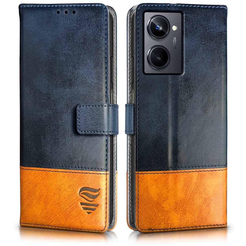 FLIPPED Vegan Leather Flip Cover for Realme 10 Pro 5G | Shock Proof with TPU Bumper & Kickstand | Card & Cash Pockets | Magnetic Closure Wallet Case Cover (Hand Stitched, Irish Blue with Tanned Oak) (B0C1ZX5YPM) Amazon Price History, Amazon Price Tracker