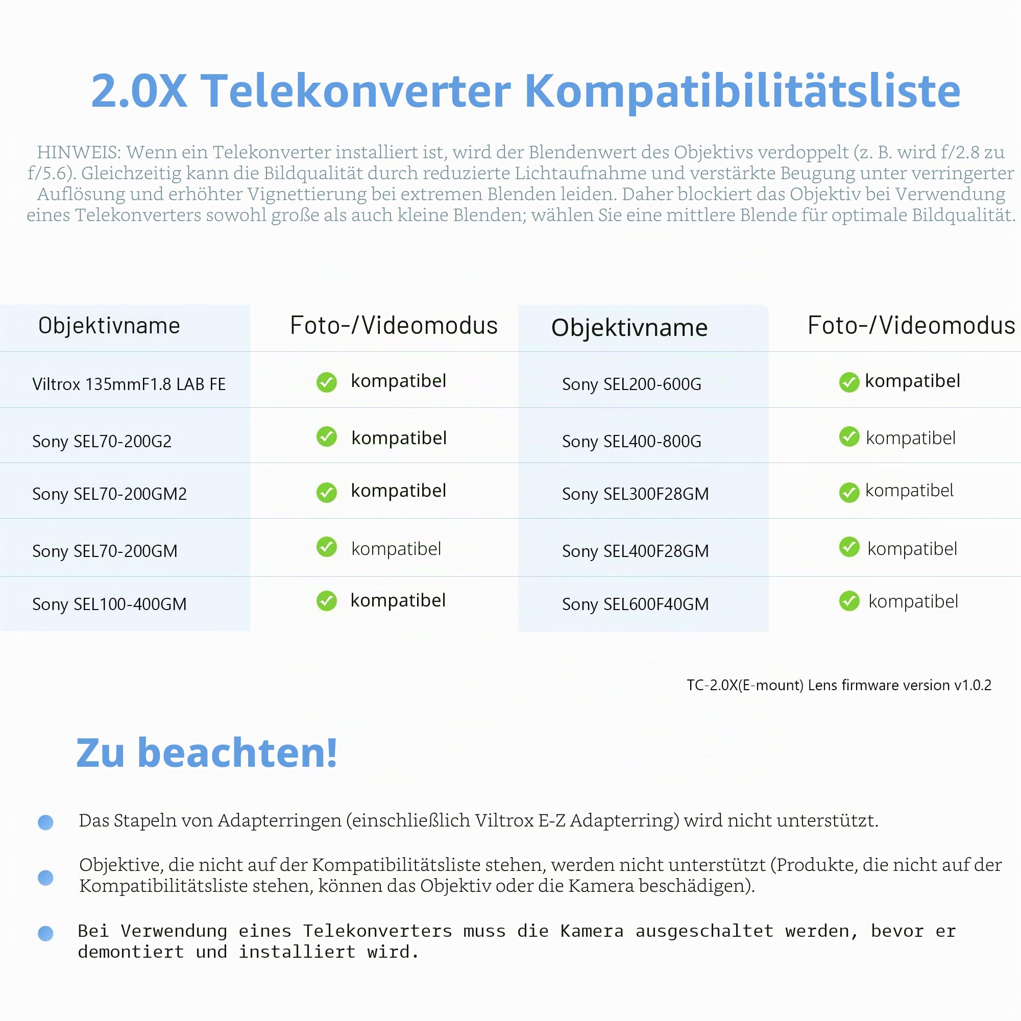 VILTROX TC-2.0X Telekonverter für Sony E-Mount Autofokus Extender kompatibel SEL70-200GM SEL100-400GM SEL200-600G