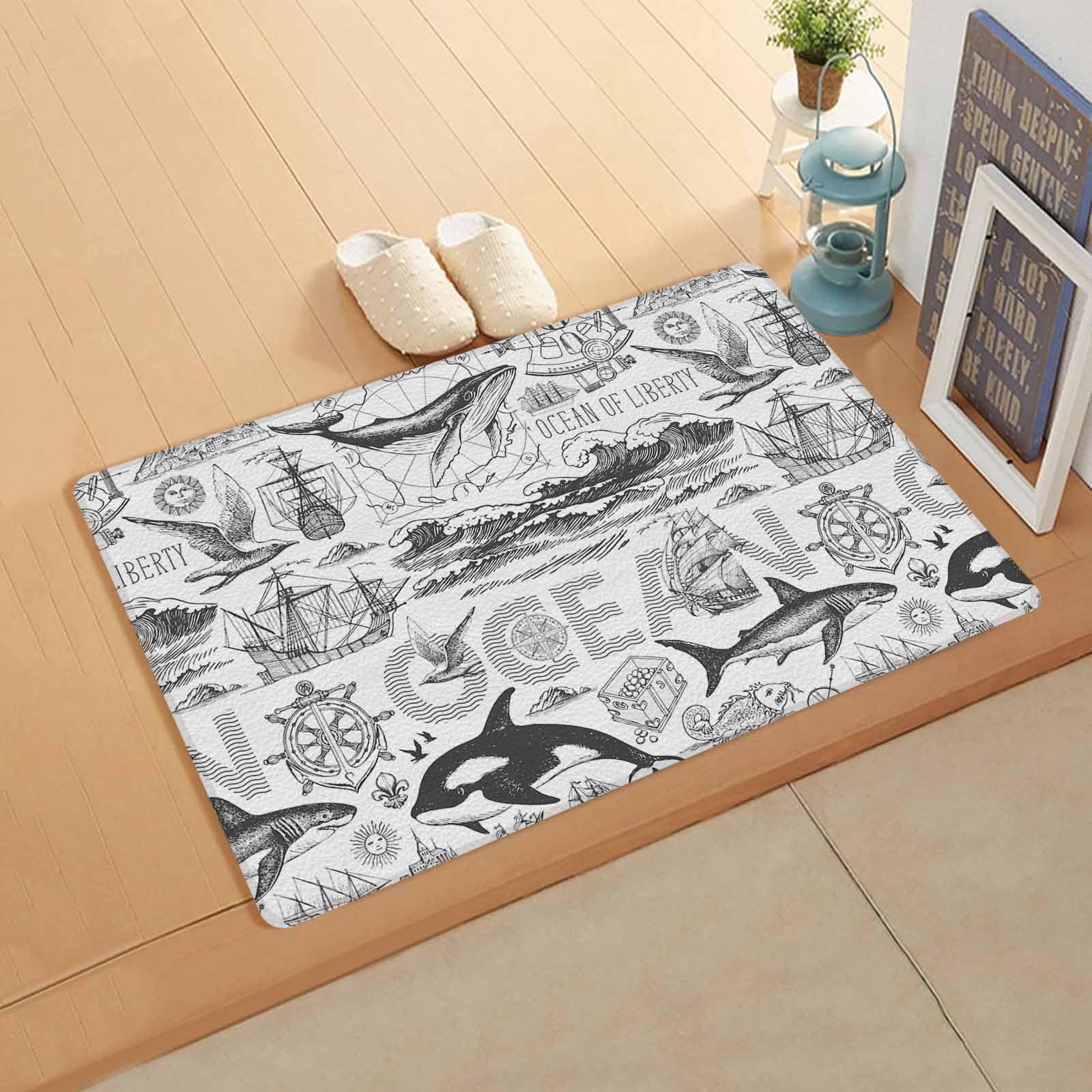 Nautical Dolphins Antifatigue Kitchen Bath Door Mat Cushioned Runner Rug,Washable Welcome Floor Sink Mat,Waterproof & Non-Slip Standing Doormat for Kitchen,Coastal Ocean Whales Black White 18
