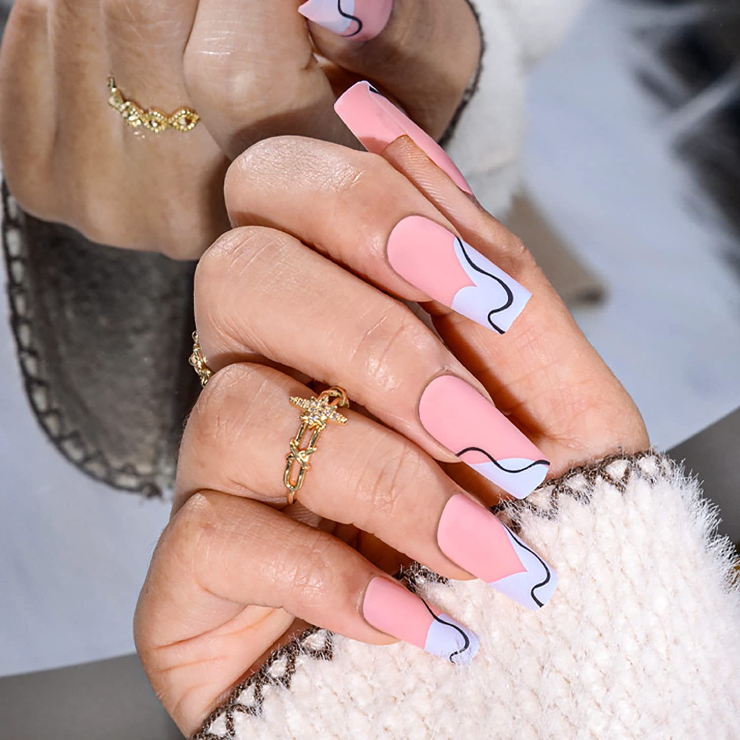 Photo 1 of 24 Pcs Square Press on Nails Medium Black Line Designs Fake Nails Pink Acrylic False Nails Matte Full Cover Artificial Nails Stick on Nails for Women and Girls…