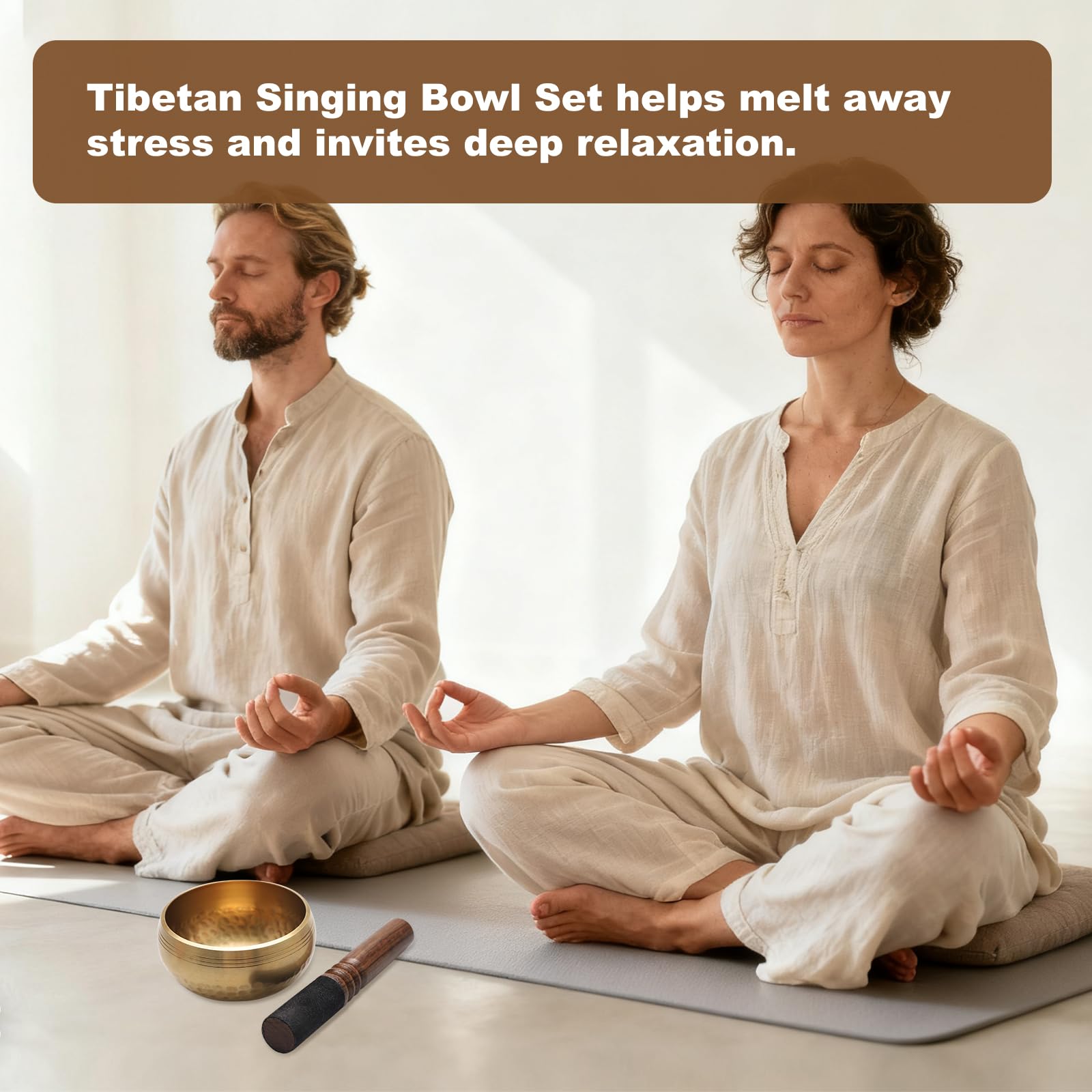 Campana Tibetana Set – Fatto a Mano in Ottone – con Bastoncino in Legno Cuscino e Sacchetto – Ideale per Meditazione Yoga Guarigione dei Chakra Regalo Zen (9.5cm)