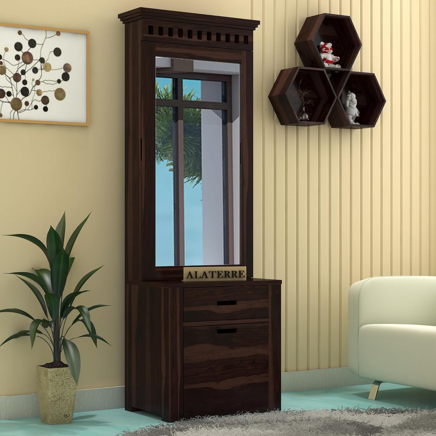 SOULMATE GALLARY Wood Dressing Table with Mirror and Storage, Wooden Dressing Table with Stools, Dressing Table with Drawer and Shelve Bedroom Furniture, Walnut Finish-picture-21