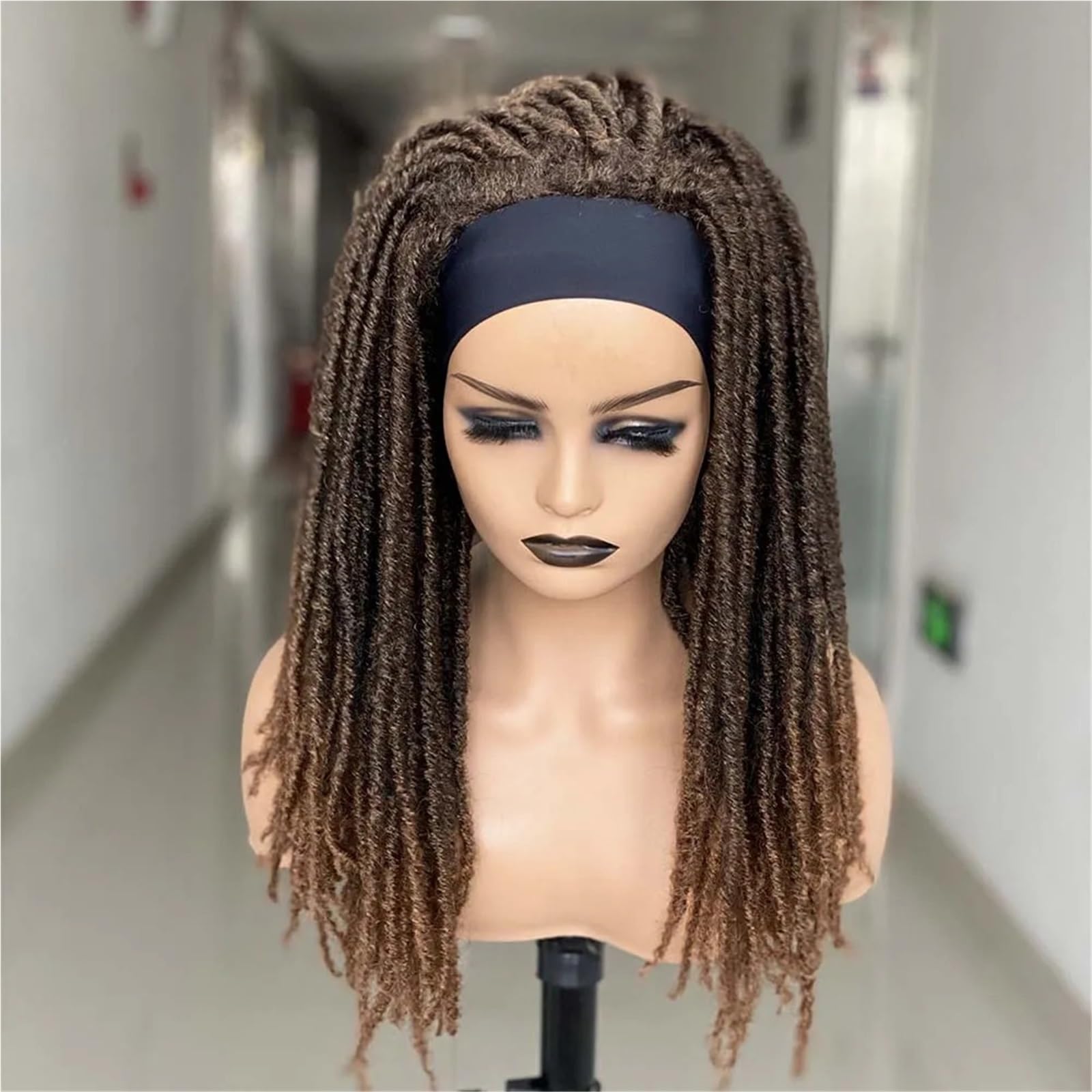 Parrucca sintetica Dreadlock con fascia per capelli - Parrucca nera termica stile treccia all'uncinetto per l'uso quotidiano(Black)
