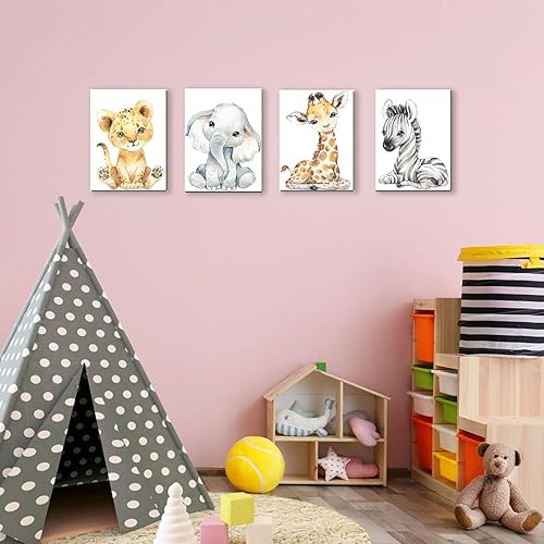 Miniatura 4 de Kiddale Juego de 4 impresiones artísticas de acuarela para bebé (8 x 10), elefante tigre, cebra, jirafa, animales de safari, decoración de