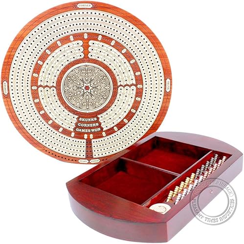 Miniatura 2 de House of Cribbage, Forma Redonda 4 Pistas continuas Cribbage Junta Bloodwoodarce, con cajón y lugar para Skunks Push esquinas y juegos.