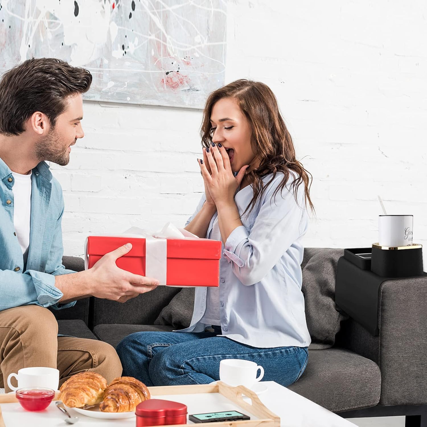 BLURISM Table for Coffee Mug/Remote/Snacks/Cellphone, Grandpa Couch Cup Holder Tray, Silicone Anti-Slip and Anti-Spill Sofa Armrest Tray with Drink Holder, Couch Arm 4