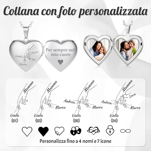 AAQ Collana con foto personalizzata per donna - collana apribile a cuore con nome e testo personalizzati, regalo per mamma e nonna per e Festa della Mamma - 2