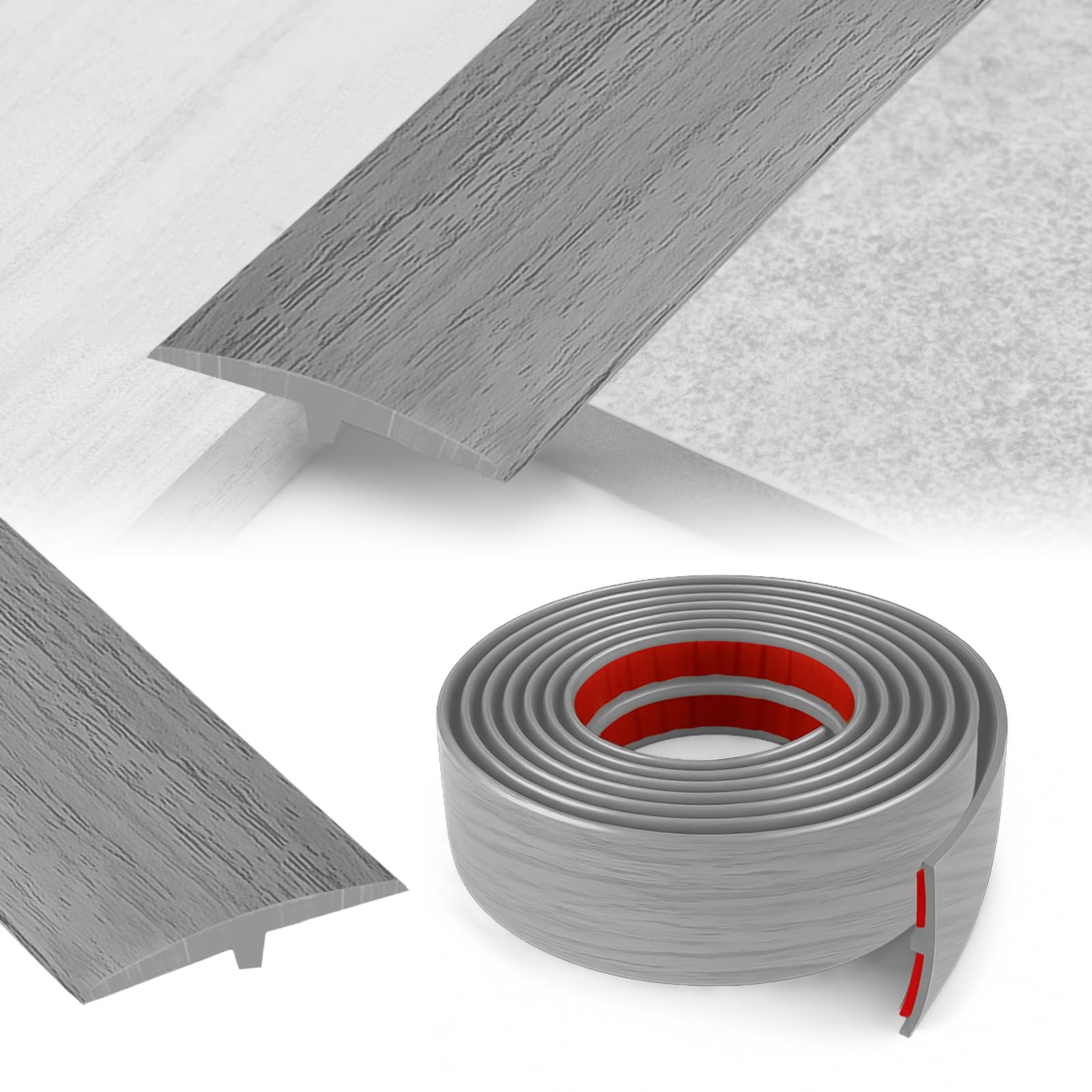 Yushengtai Self-Adhesive T-Molding Door Threshold Strip, Floor Transition Strip for Seamless Transition Between Two Floor Levels (Gray Wood Grain, 5 cm x 5 m)