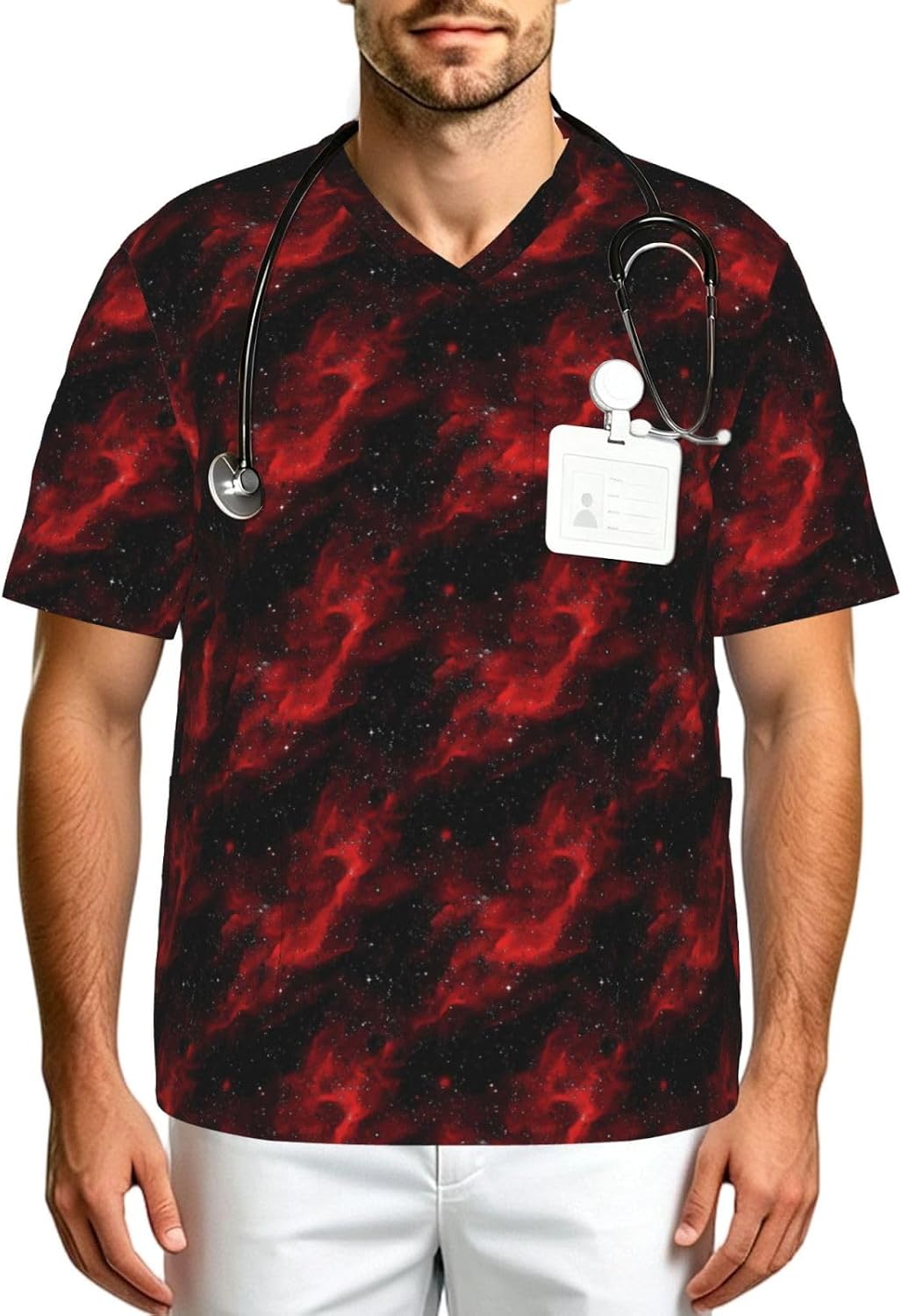 Men's Scrub Top-Deep Space Red Starfield