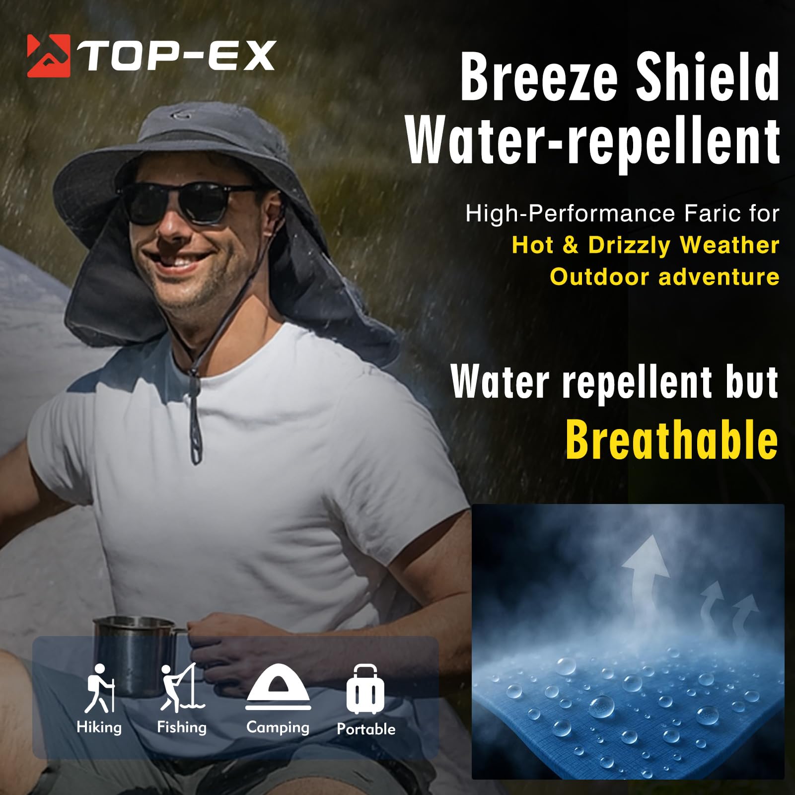 TOP-EX Sombrero de pesca extragrande XL XXL para hombre, con protección UV 50, impermeable, plegable, de malla, con solapa para el cuello, para pesca y senderismo