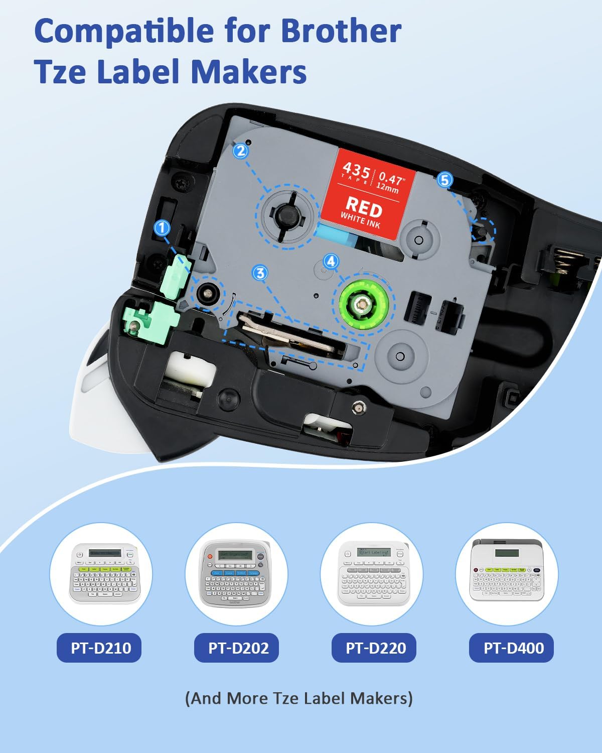 Tz Tape Tz-435 White on Red Label Tape Compatible for Brother Tze-435 Tze435 12mm 0.47 Laminated Tze 1/2 Refill Work for Brother Label Maker P-Touch PT-D210 PT-H110 PT-D220 PT-D200 PT-D400 PT-1080 - Image 3