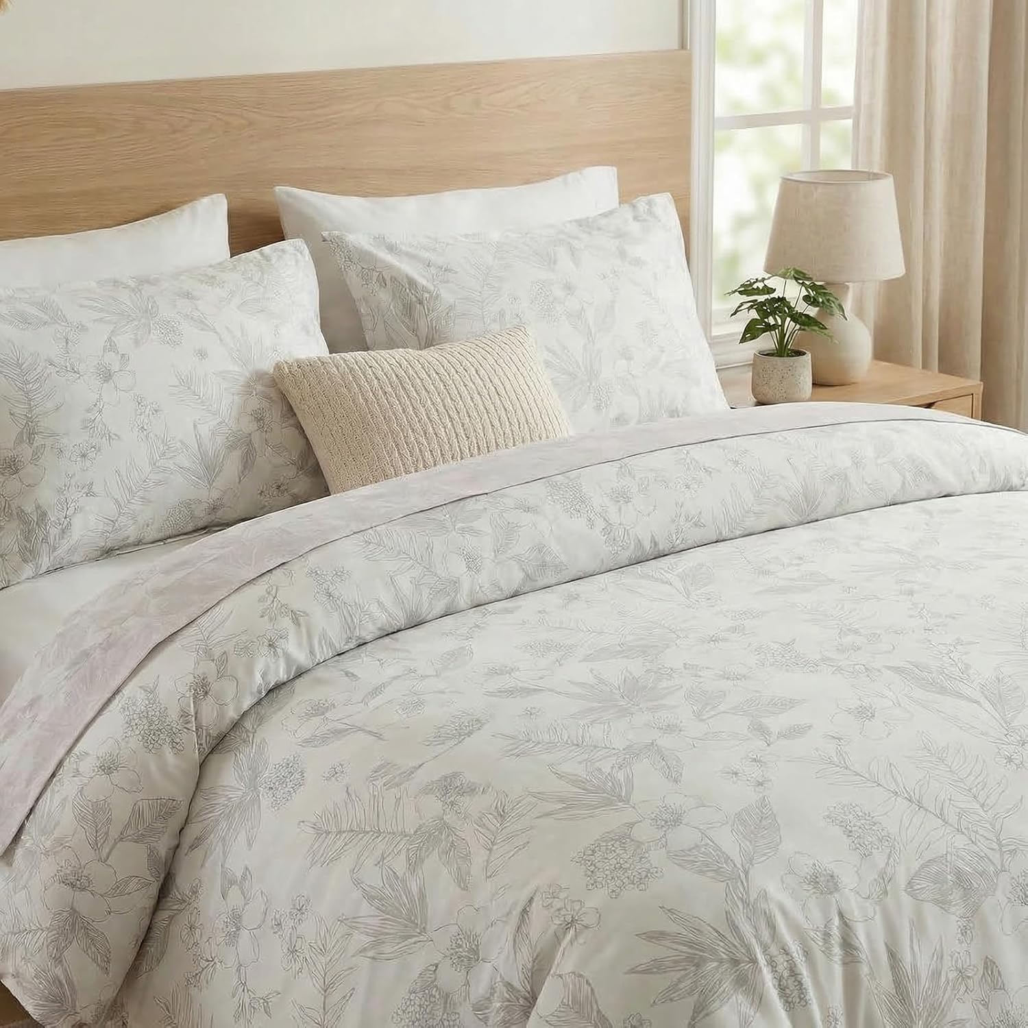 100% Cotton Floral Duvet Cover Set Queen Size Ultra Soft Breathable Grey Floral and Leaf Comforter Cover Set 3 Pcs All Season Cozy Floral Bed Cover with Zipper Closure