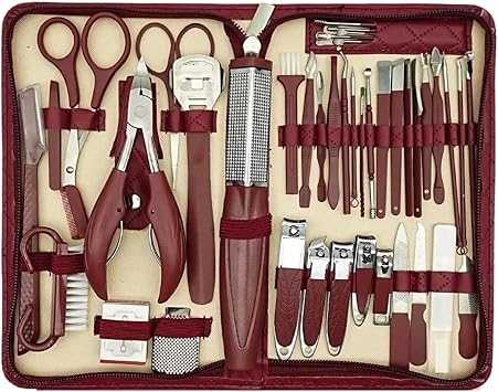Agnail Clippers 42 Pcs Nail Clipper Kit New Zipper Leather Bag Stainless Toenail PliersRed