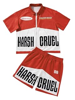 SOLY HUX Mens 2 Piece Outfits Graphic Zip Up Set Race Car Driver Costume Collared Shirt and Shorts