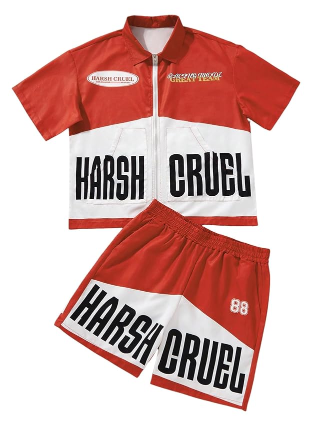 SOLY HUX Mens 2 Piece Outfits Graphic Zip Up Set Race Car Driver Costume Collared Shirt and Shorts