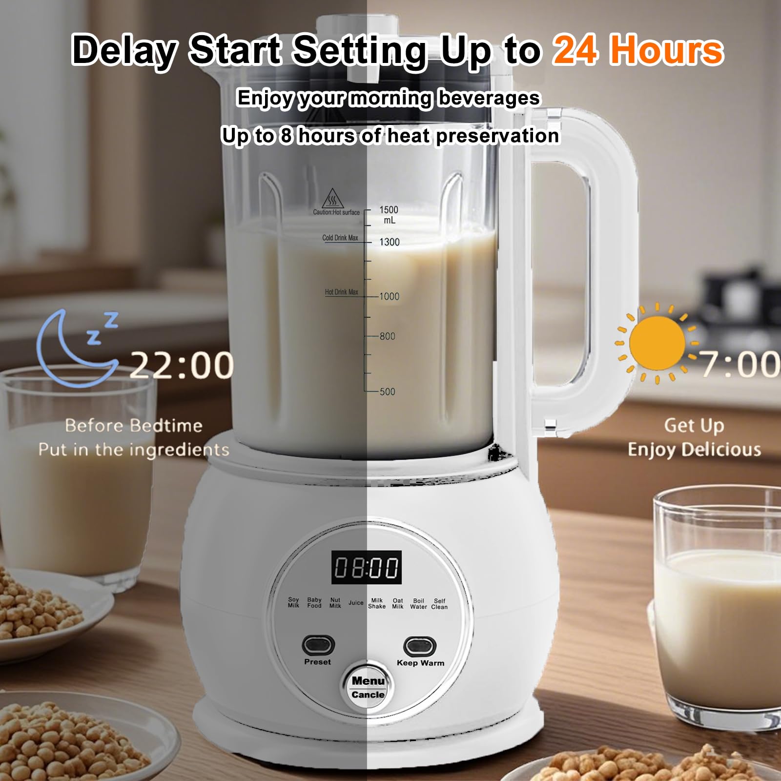 Gorący blender do mleka orzechowego 10 w 1, 500 ml, domowej roboty soja, migdał, owies, na bazie roślin, żywność dla niemowląt 20 ostrzy, automatyczna maszyna do soi z 24-godzinnym opóźnieniem startu