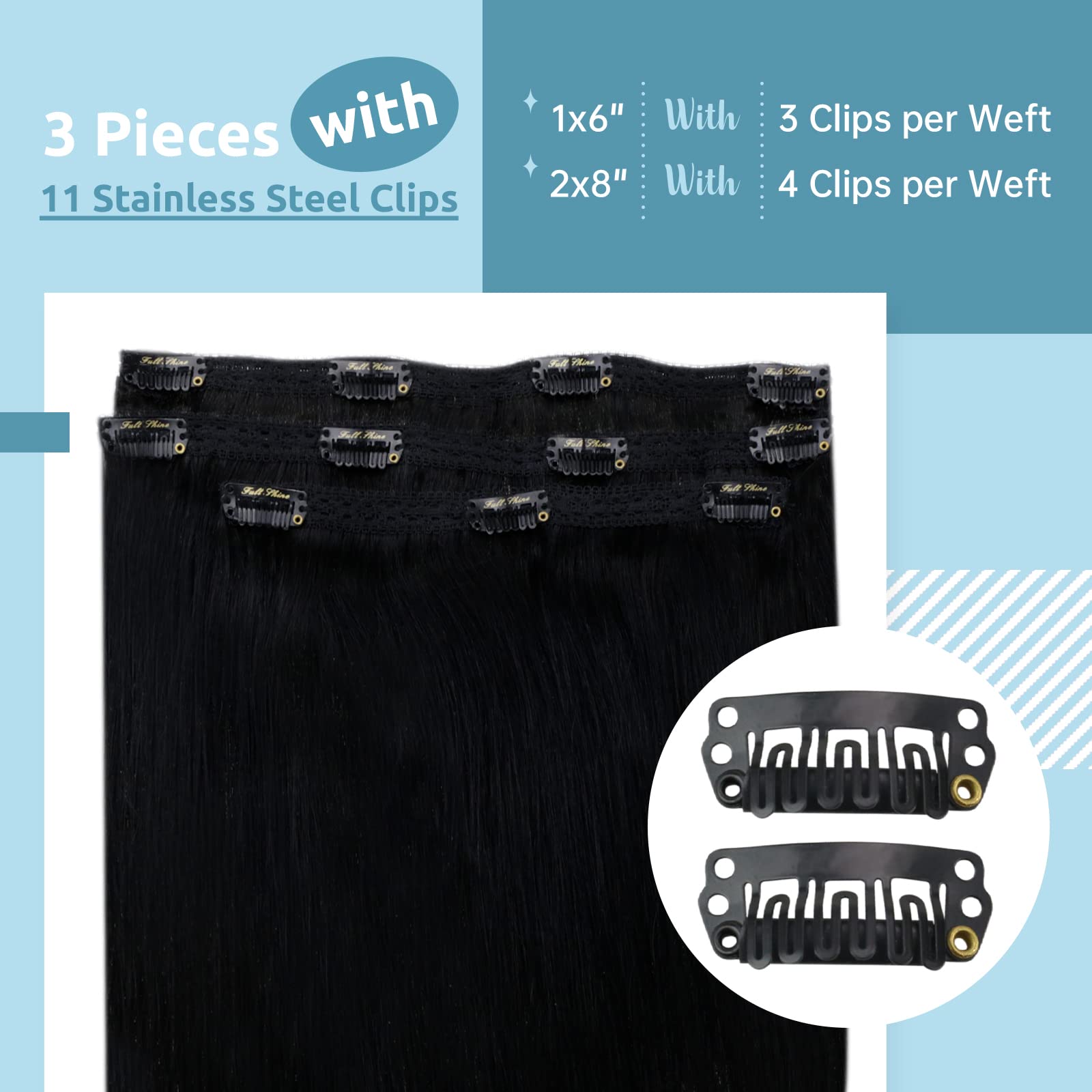 Fshine Extension Capelli Veri Clip 25.4cm 50g 3pcs Color 1 Nero Jet Clip in Hair Extensions Naturale Umani Lisci Extension Capelli per Donne Extension Capelli Veri con Clip Double Weft