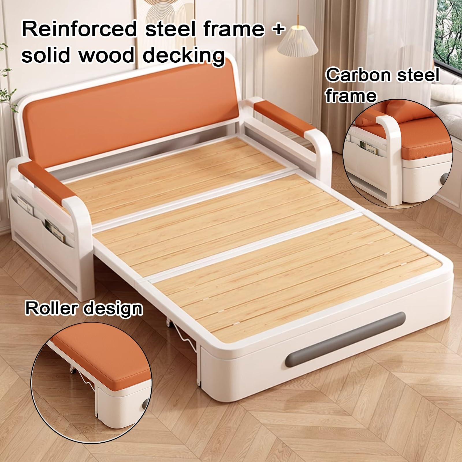 Klappsofa mit Schlaffunktion Leder Gästebett mit Stauraum Rahmen Aus Karbonstahl Wohnzimmer Sofa mit Rollen 7 cm Dicker Schaumstoff für Zuhause, Büro(Orange,192 * 82 * 65cm)
