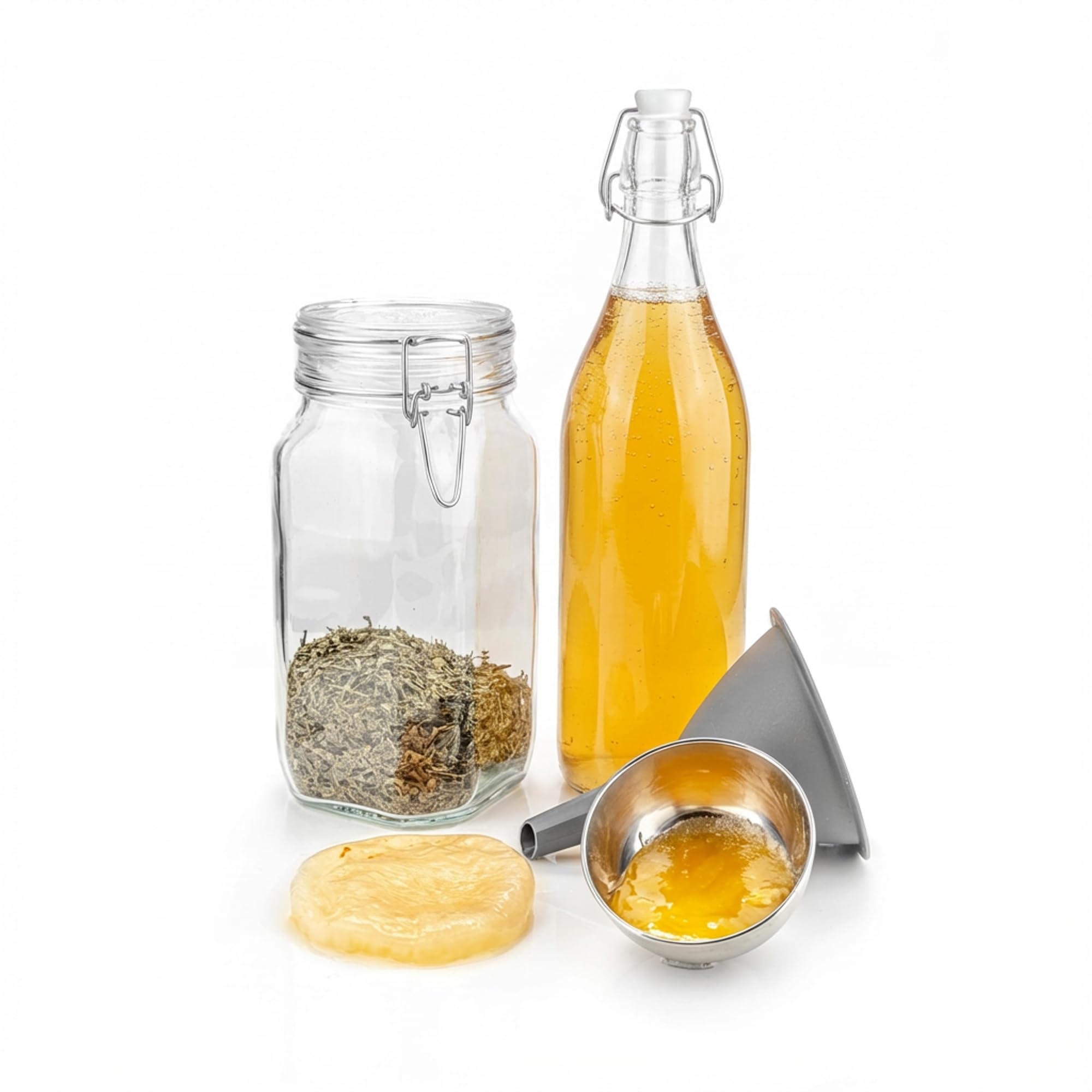 Kefir-for-all Jun Kombucha Starterset 7-teilig (5 Liter) – Teepilz/Scoby Kultur inkl. Gärgefäß, 1L Glasflasche & Trichter – 40 g Sencha Grüntee + 500 g Honig – Deutsche Anleitung