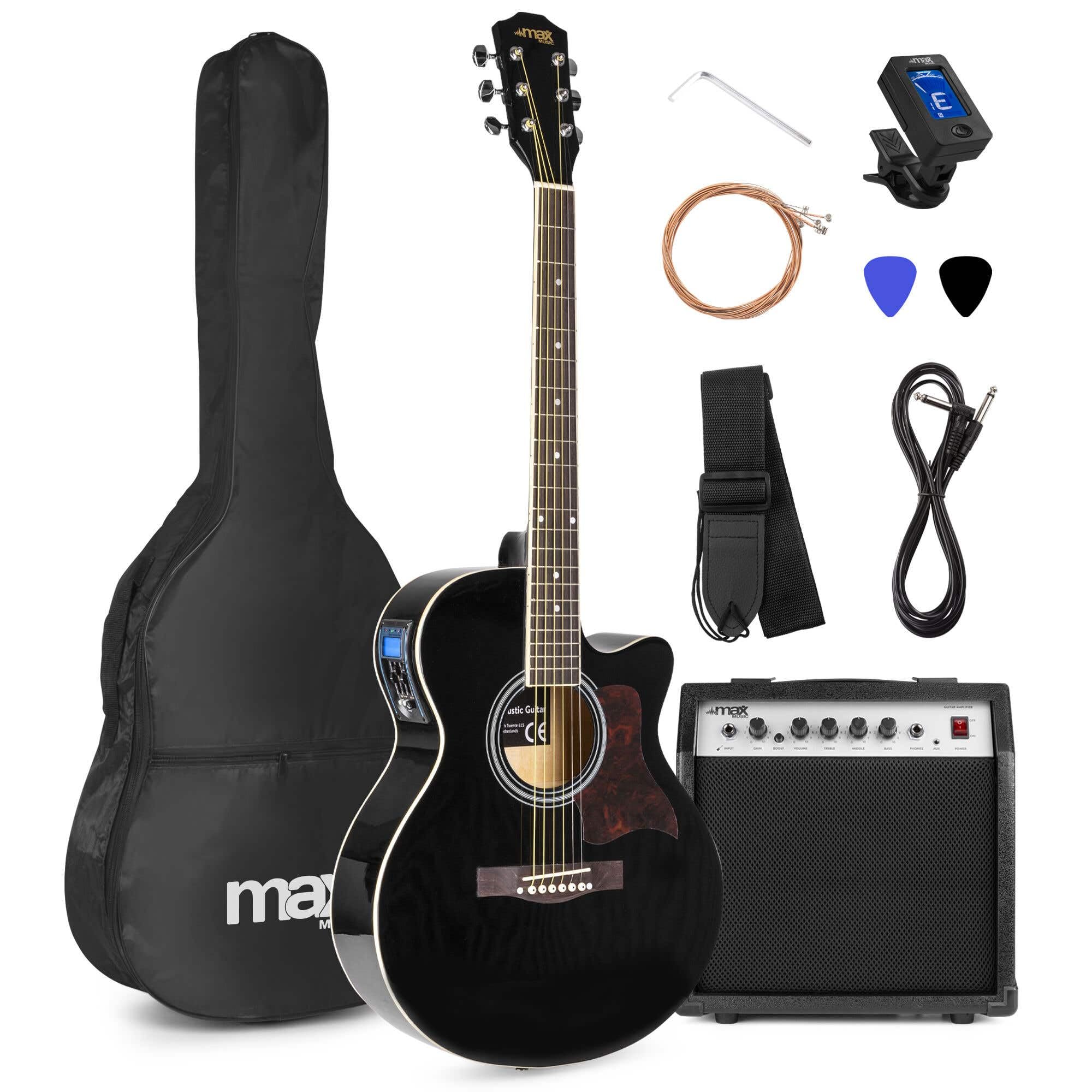 MAX ShowKit Set de Guitare Électrique Acoustique avec Pupitre - Noir, Idéal pour Débuter la Guitare