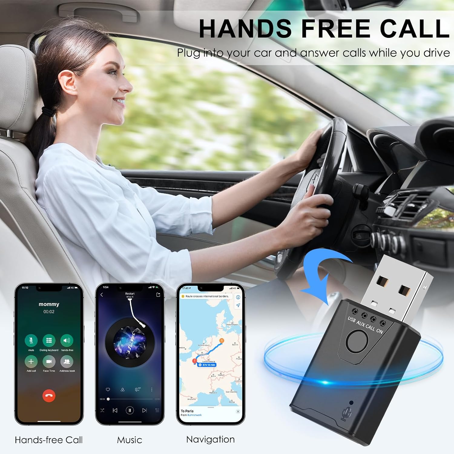 Bluetooth V5.4 Car Adapter, Bluetooth USB Receiver, Wireless Audio Receiver with 3.5mm Audio Jack Built-in Mic Support Handsfree Calling and Music Streaming for Home Stereo, Car Speaker