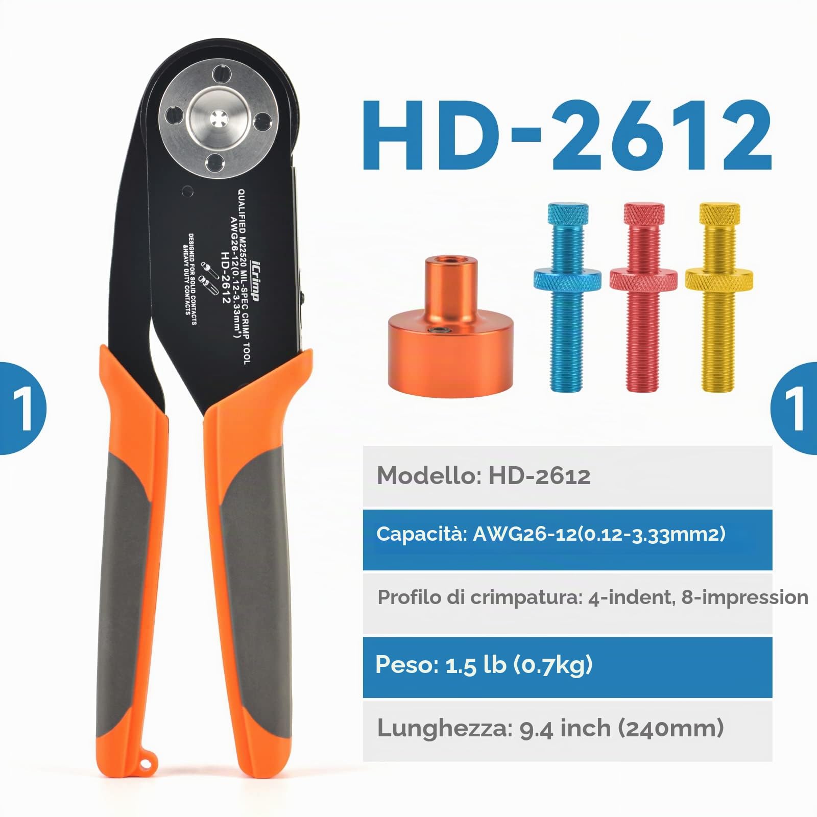IWISS HD-2612 Pinza Crimpatrice Deutsch DT 26-12 AWG | Utensile crimpatura contatti Deutsch solidi per connettori DT, DTM, DTP, equivalente HDT-48-00 e DMC AF8