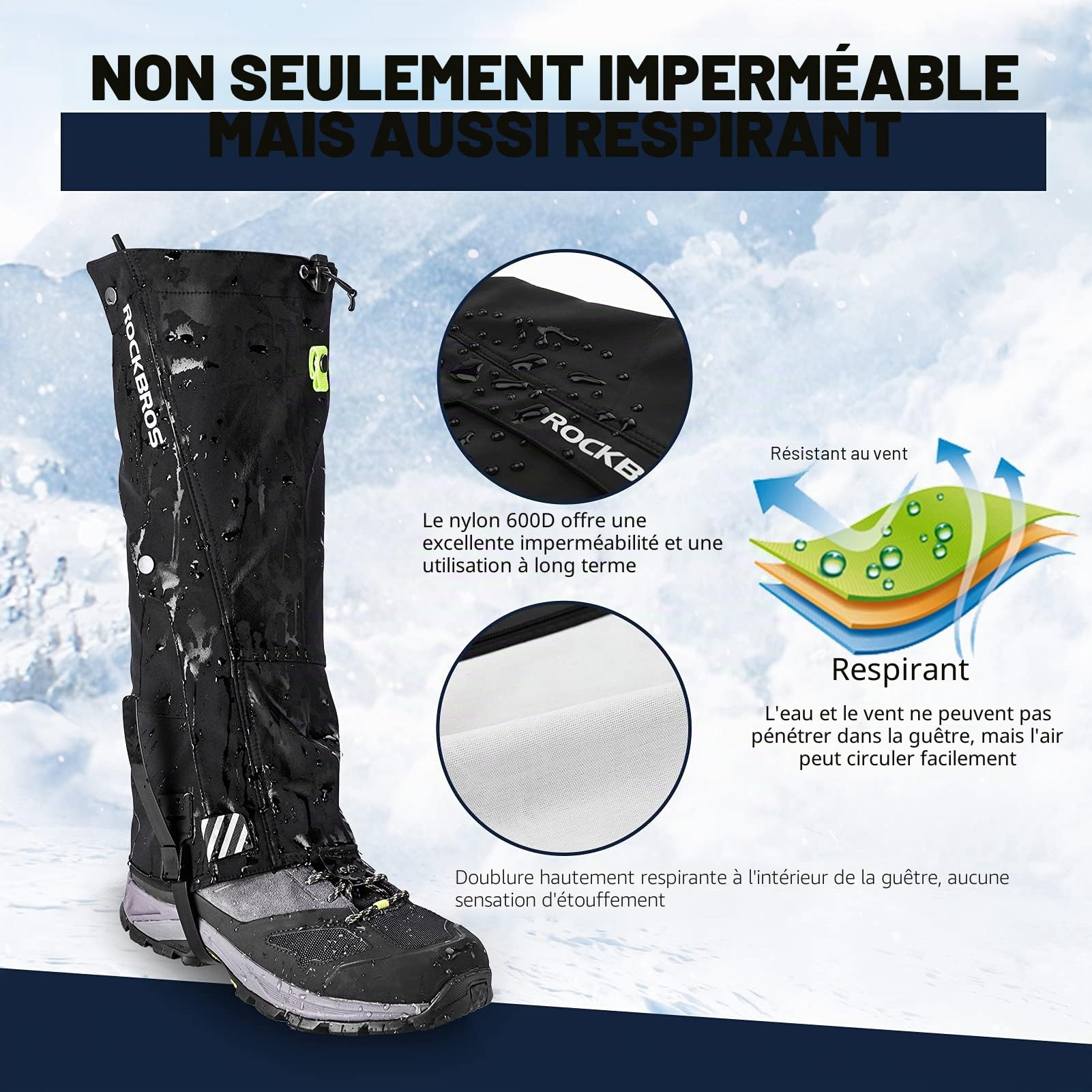 ROCKBROS Guêtres de Pluie Chaudes Imperméables Guêtres de Neige pour Randonnée en Plein Air, Escalade Homme Femme S-3XL