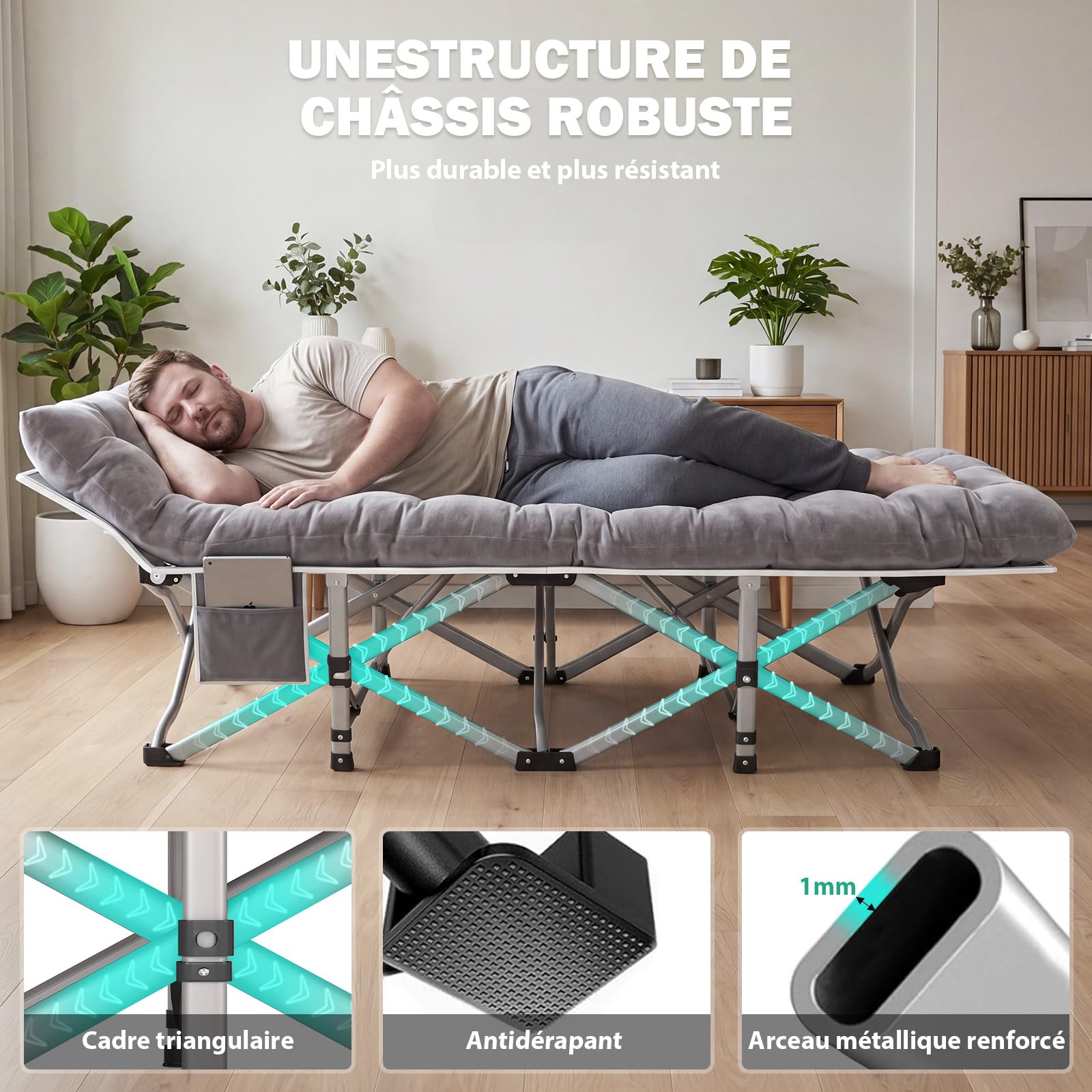 Lit de Camp Pliable Adultes avec Matelas XXL 190 x 80 x 37 cm - lit de Camping Pliant 2 Personnes - Charge Jusqu'à 308 kg - Lit d appoint 1 Personne pour Invités, Bureau ou Voyage