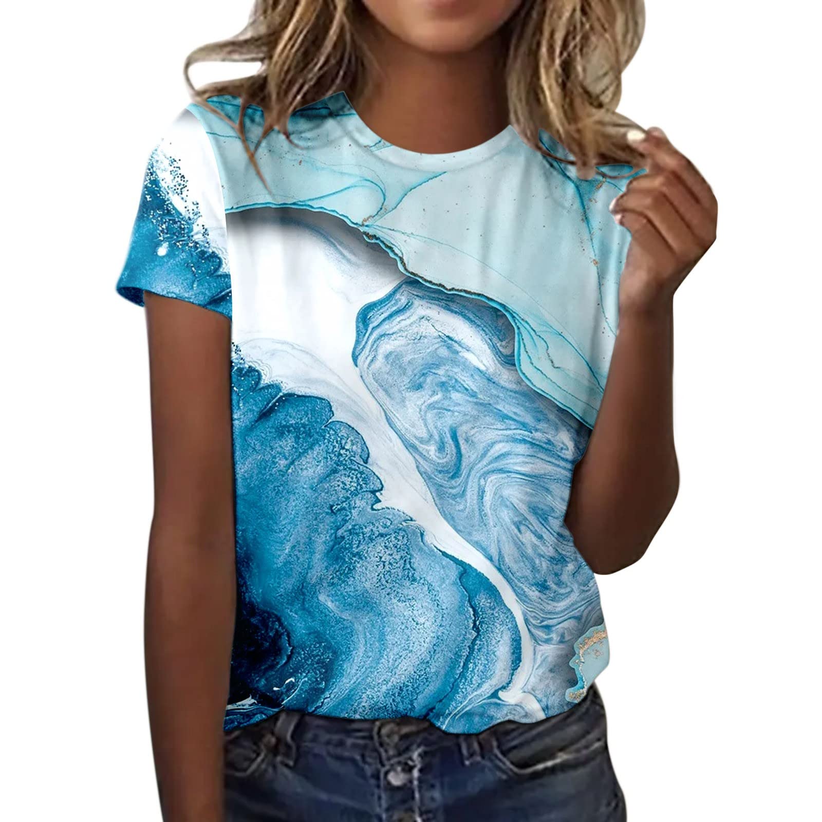 CGGMVCG Graphic Tees for Women Marble Print Crewneck Tops Short Sleeve Round Neck T Shirts for Women, Z12 Blue, XXL