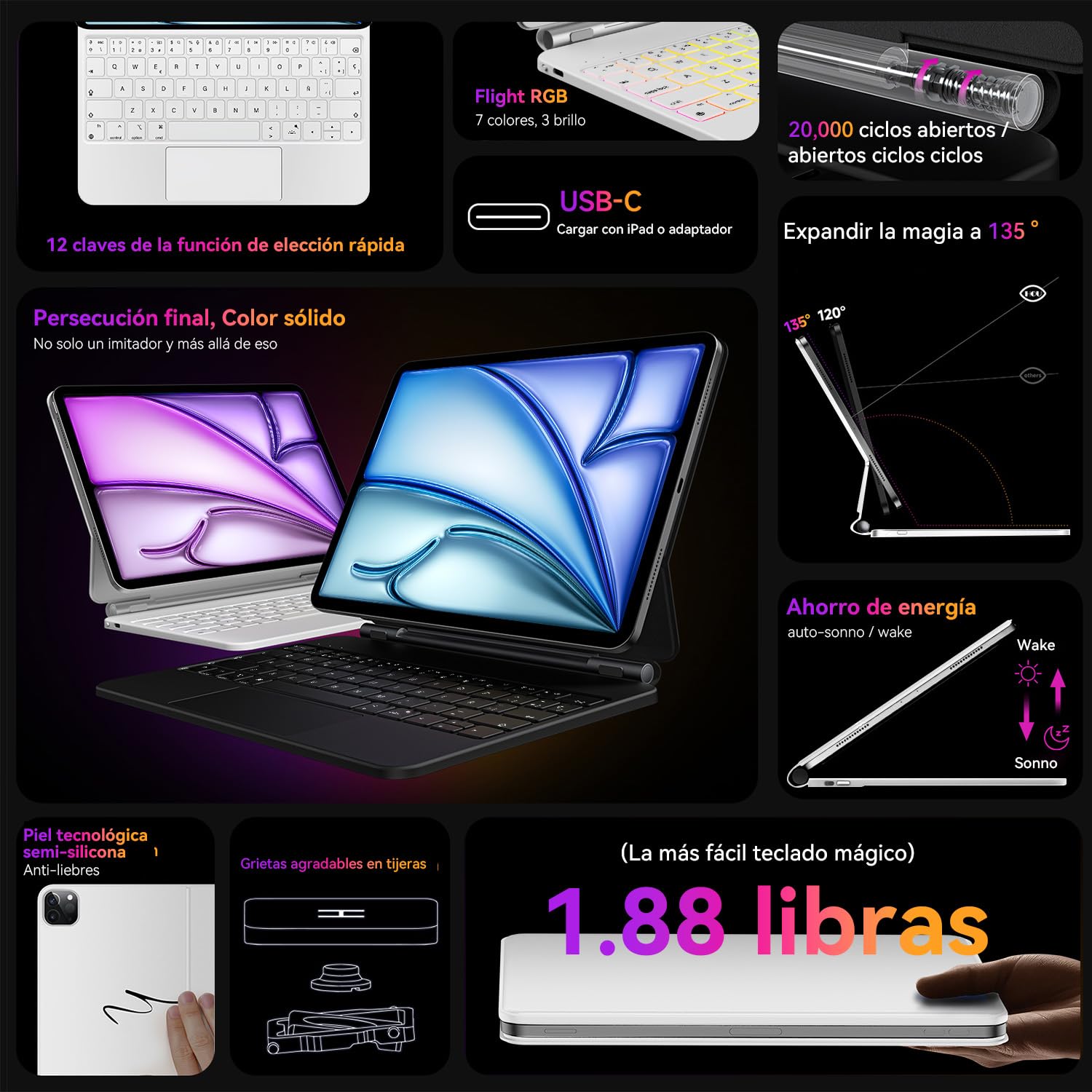 HOU Funda con Teclado magnético para iPad Air 13″ M4/M3/M2 y Pro 12,9″