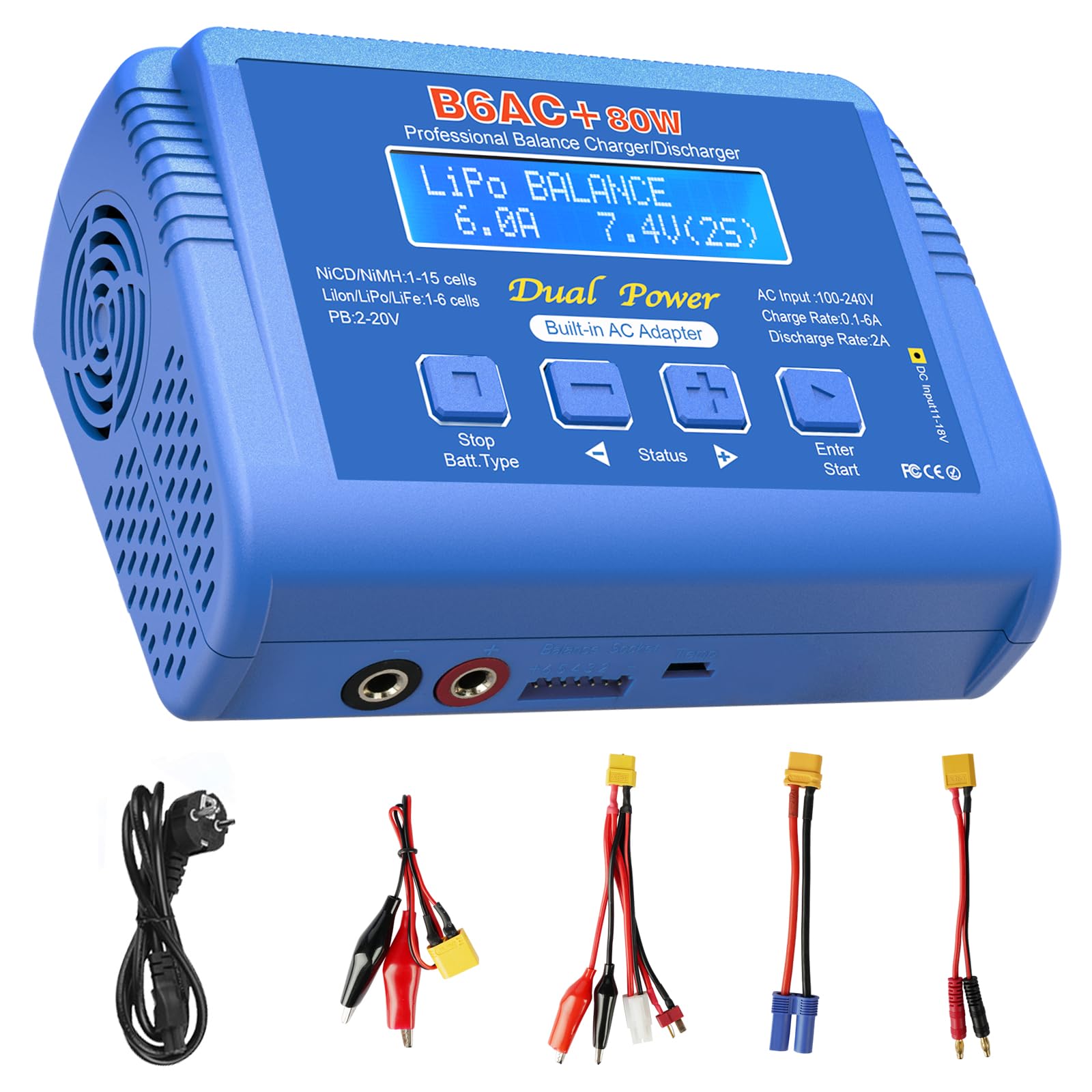 Chargeur LiPo RC, 80W 6A Chargeur Batterie LiPo pour LiPo/Li-ION/Life (1-6 Cellules), NiMH/NiCd (1-15 Cellules), Batterie PB (2-20V) avec Connecteurs XT60/T Plug/Tamiya/EC5/Pinces Crocodiles