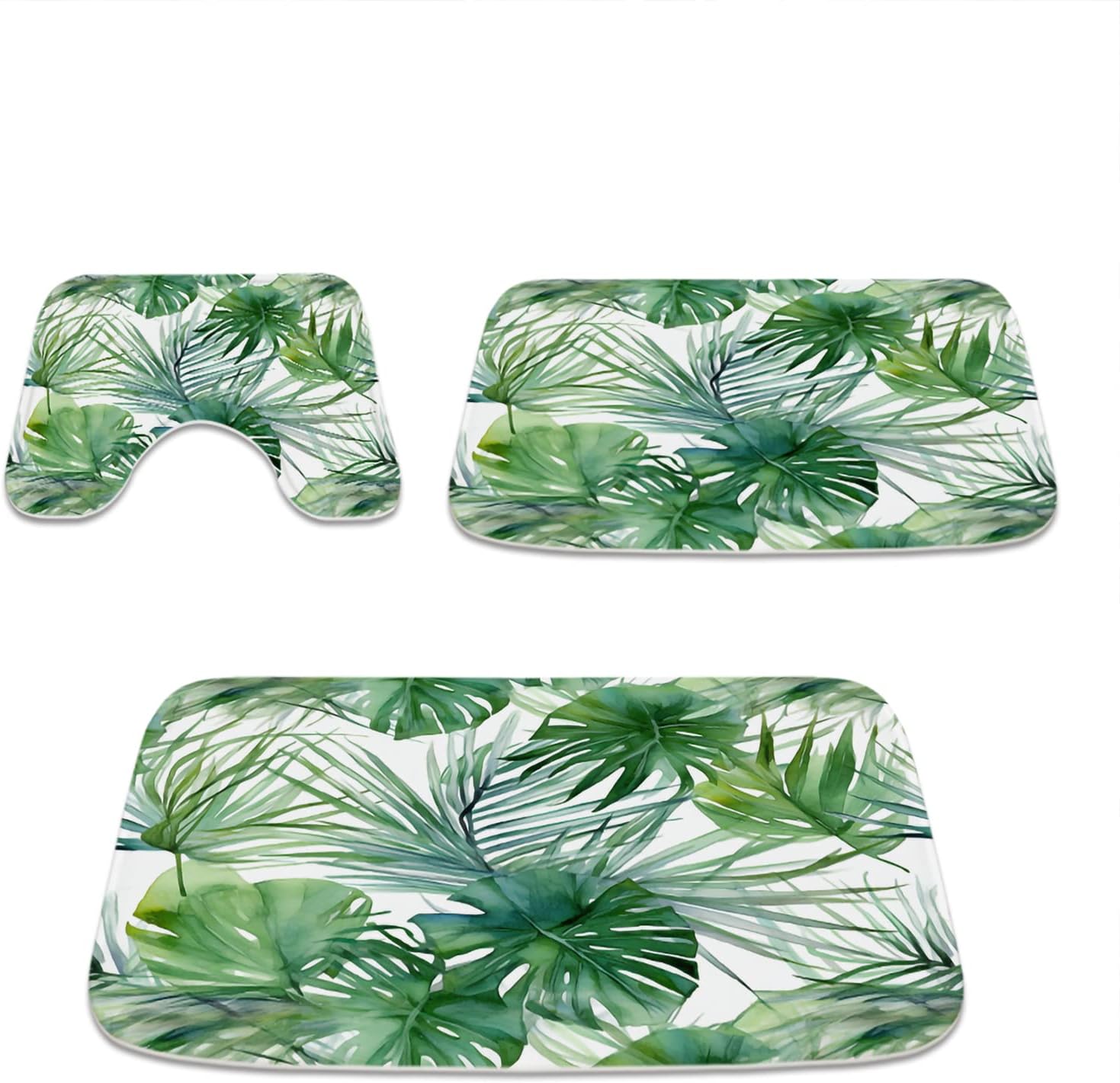 TheBlackSpot Tropical Green Plant Leaves Bathroom Rugs 20 x 31 Palm Leaf Fresh Country Bath Mat 16 x 24 Sets 3 Piece Imitation Cashmere Anti Slip Mats U-Shaped Contour Shower Mat