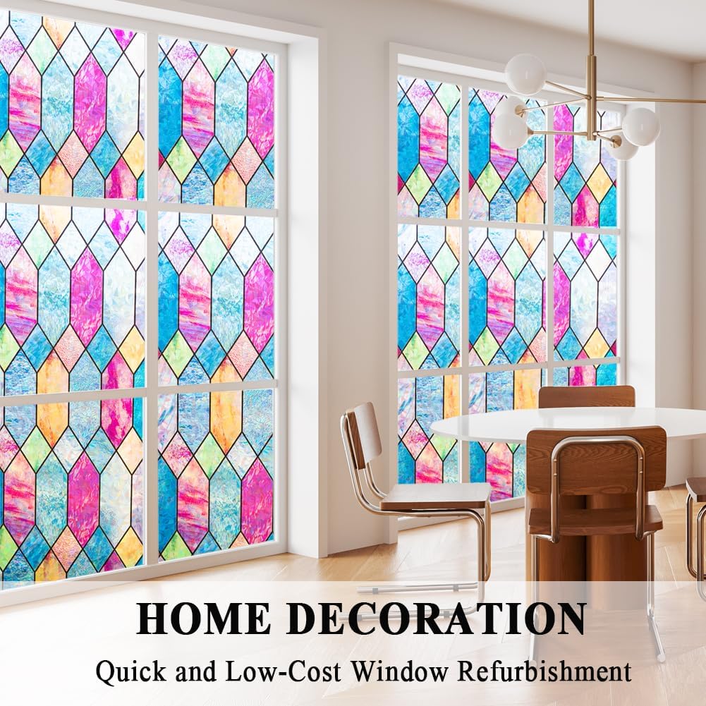 Static Cling Window Privacy Film Stained Glass Door Film Colorful Moroccan Lattice No Glue Decorative Bathroom Door Coverings Tints UV Sun Blocking Heat Control,23.6x118 in.