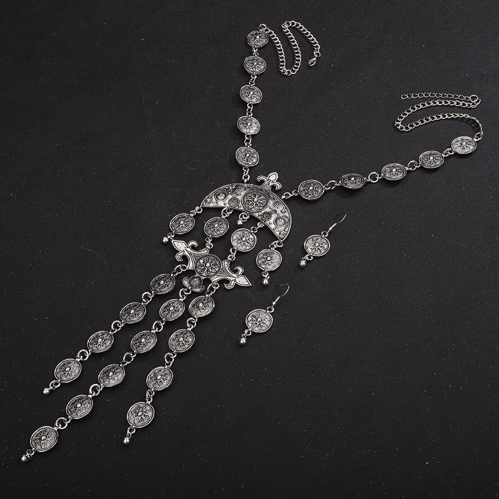 Wiwpar 2PCS Vintage Boho Carved Coin Necklace Ethnic Long Coin Pendant Necklace Bib Necklace Chunky Necklace Bib Festival Halloween Carnival Jewelry Costume Necklace for Women Girls - Image 5