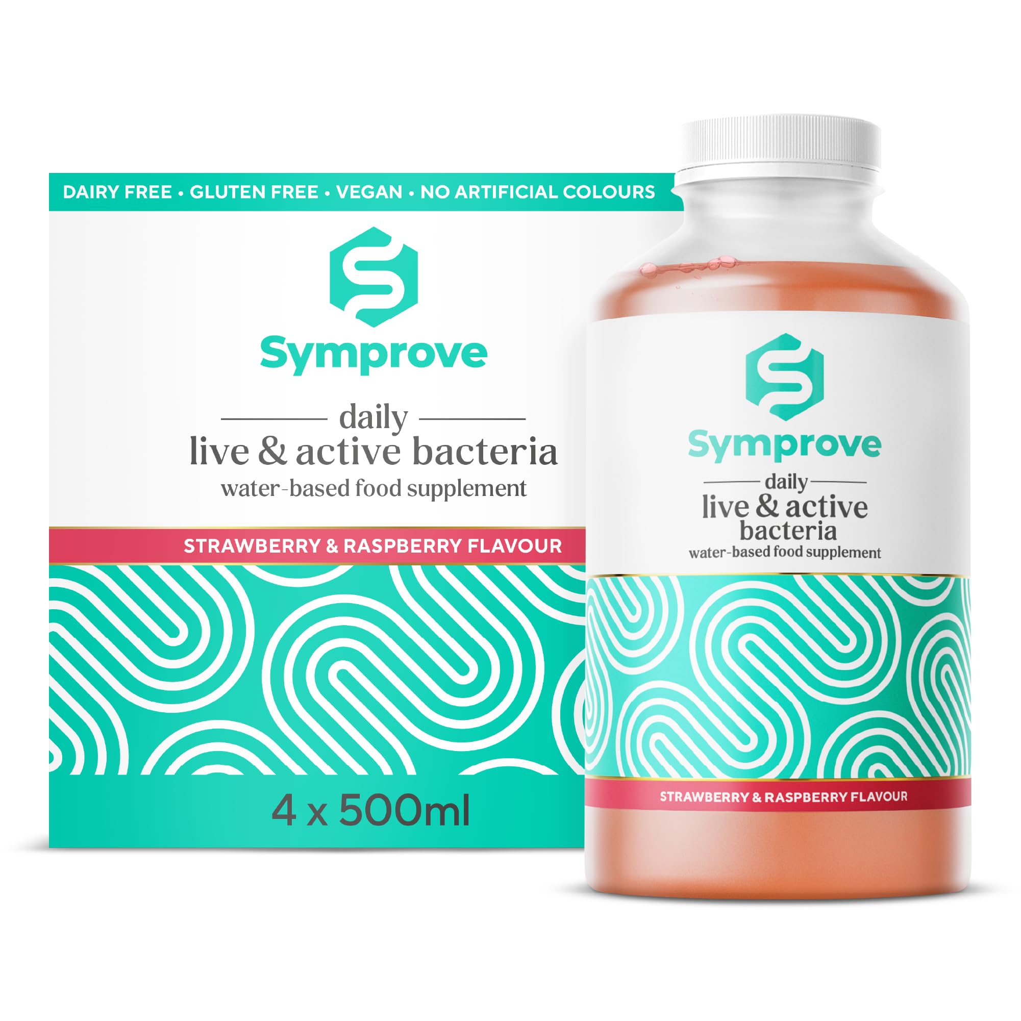 Symprove Daily Probiotic, Strawberry Flavour, at Least 10 Billion CFUs, Gut & Immune Support, Water-Based, Vegan, Dairy & Gluten Free (Pack of 4 x 500ml)