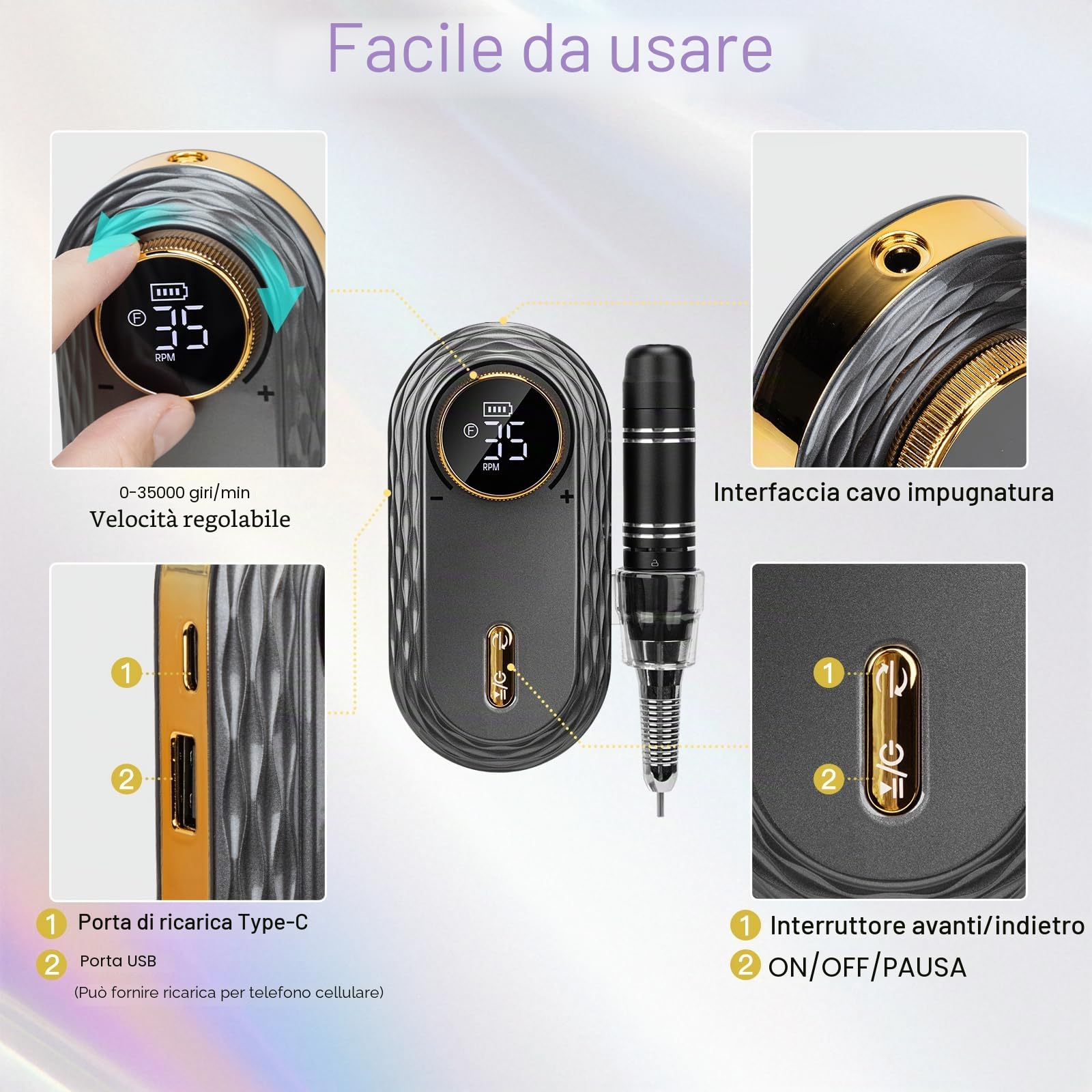Madenia Fresa per Unghie Professionale Ricaricabile, 35000RPM Lima per Unghie Elettrica Portatile, Senza Fili Fresa Unghie con 13 punte per unghie per Salone Manicure e Casa (Grigio)