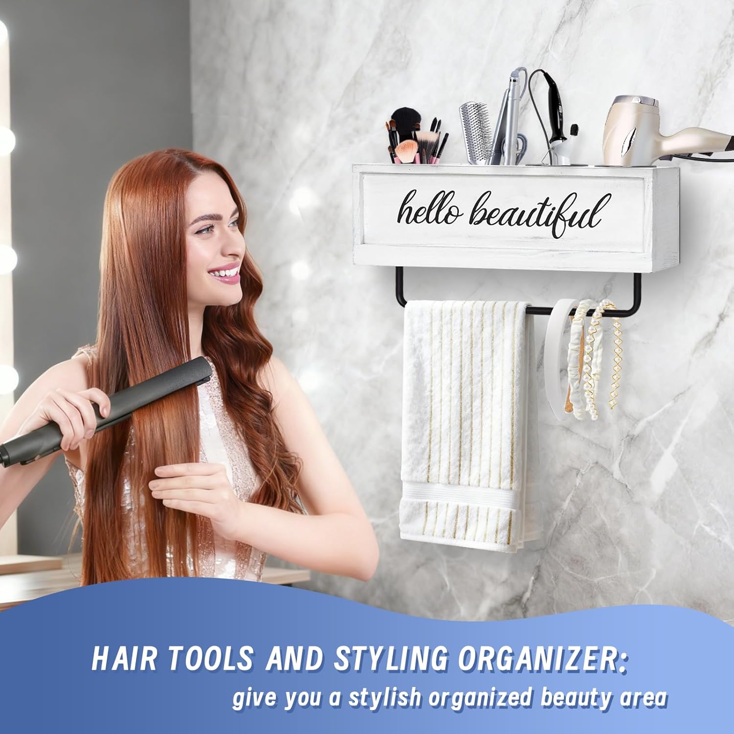 Hair Dryer Holder Wall Mounted, Hair Tools and Styling Organizer with Towel Bar, Farmhouse Beauty Hair Appliance Holder for Flat Iron, Curling Wand, Towel Rack (White)
