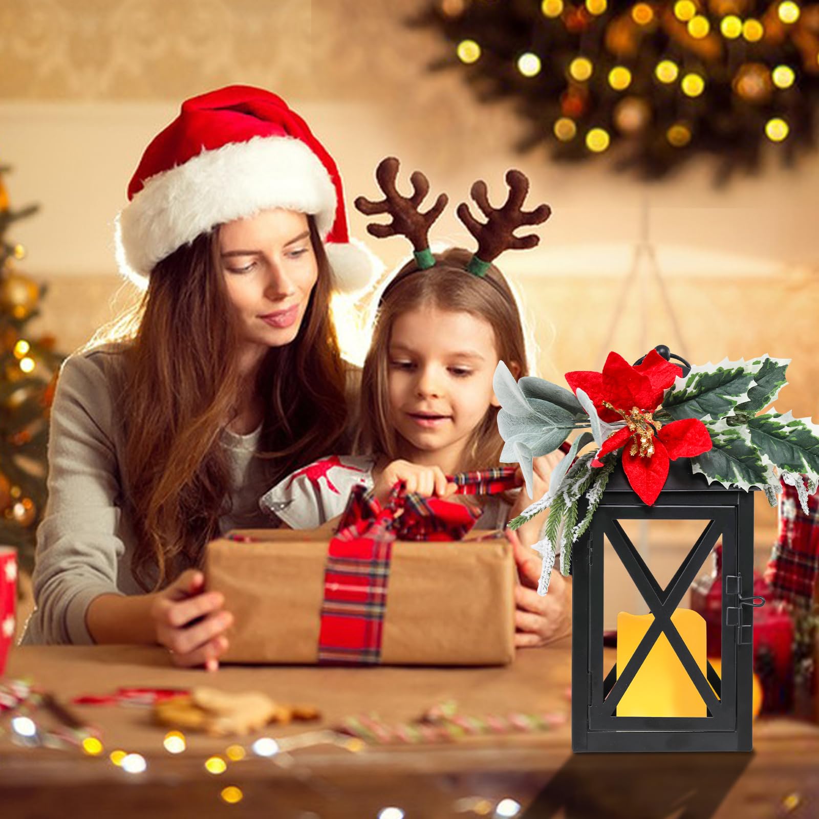 Faroles de Navidad decorativos para interiores, paquete de 2 faroles de Navidad para exteriores, faroles decorativos de vela de 12 pulgadas, luz sin llama con flores y vegetación para centros de mesa