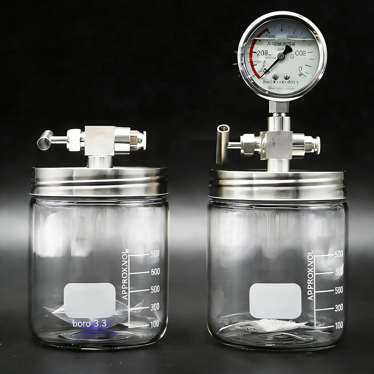 Glass Degassing Chamber Kit, Vacuum Chamber 250mL/500mL/800mL, Vacuum Storage Canister with Pressure Gauge, for Lab Chemical/Biological Specimen Storage
