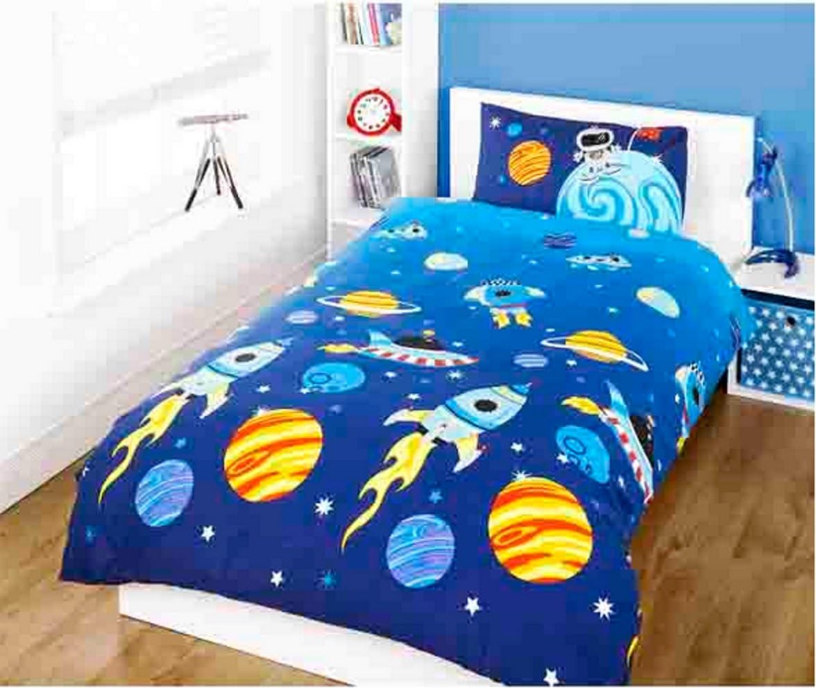 Space Rockets Children's Rotary Single Duvet Quilt and Pillow Case Bedding Set