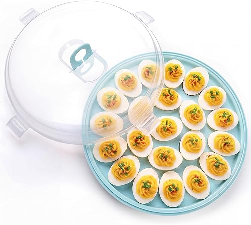 HAKSEN Recipientes para huevos rellenos con tapa, bandeja portátil con 22 ranuras para portador de huevos rellenos para fiestas navideñas y cocina