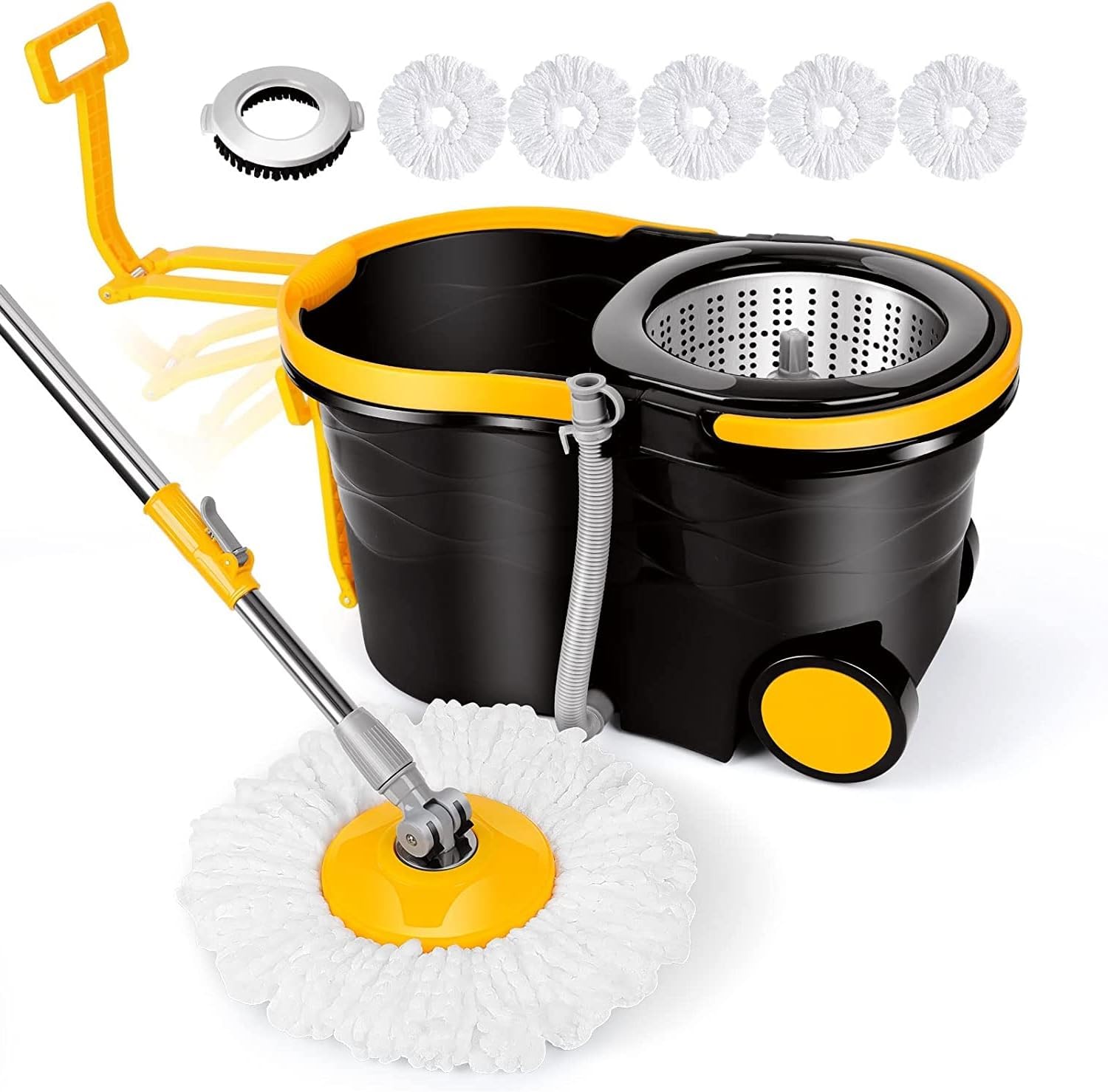 Spin Mop and Bucket with Wringer Set, Mop and Bucket on Wheels, Mop for Floor Cleaning, Stainless Steel Mop Handle, 5 Microfiber Mop Heads Refills, 12L Yellow